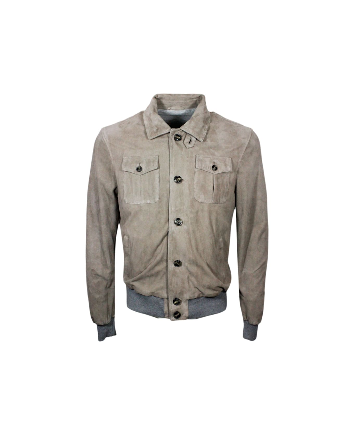 Barba Napoli Bomber Jacket In Soft Stretch Suede With Button Closure And Cuffs And Knitted Bottom. Interior In Cotton Jersey - Beige