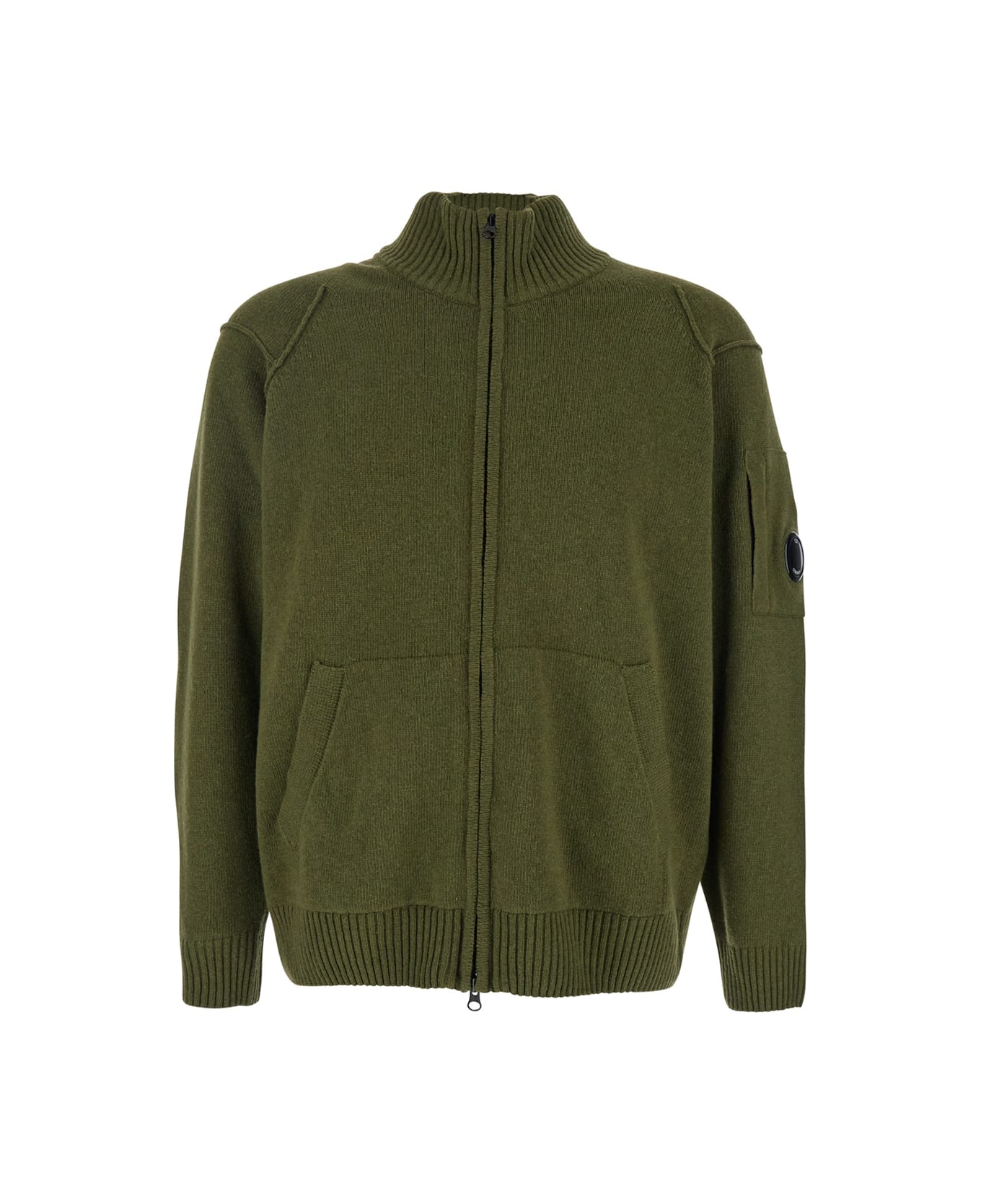 C.P. Company Green Jacket With High Neck And Logo Plaque On The Sleeve In Wool Blend Man - Green