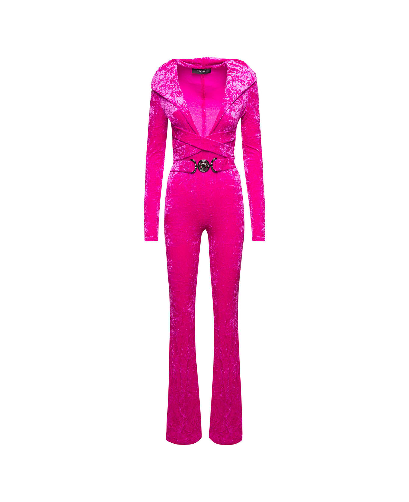 Versace Fuchsia Hooded Jumpsuit With Crisscross Medusa Biggie Belt In Crushed Velvet Woman - Pink ジャンプスーツ