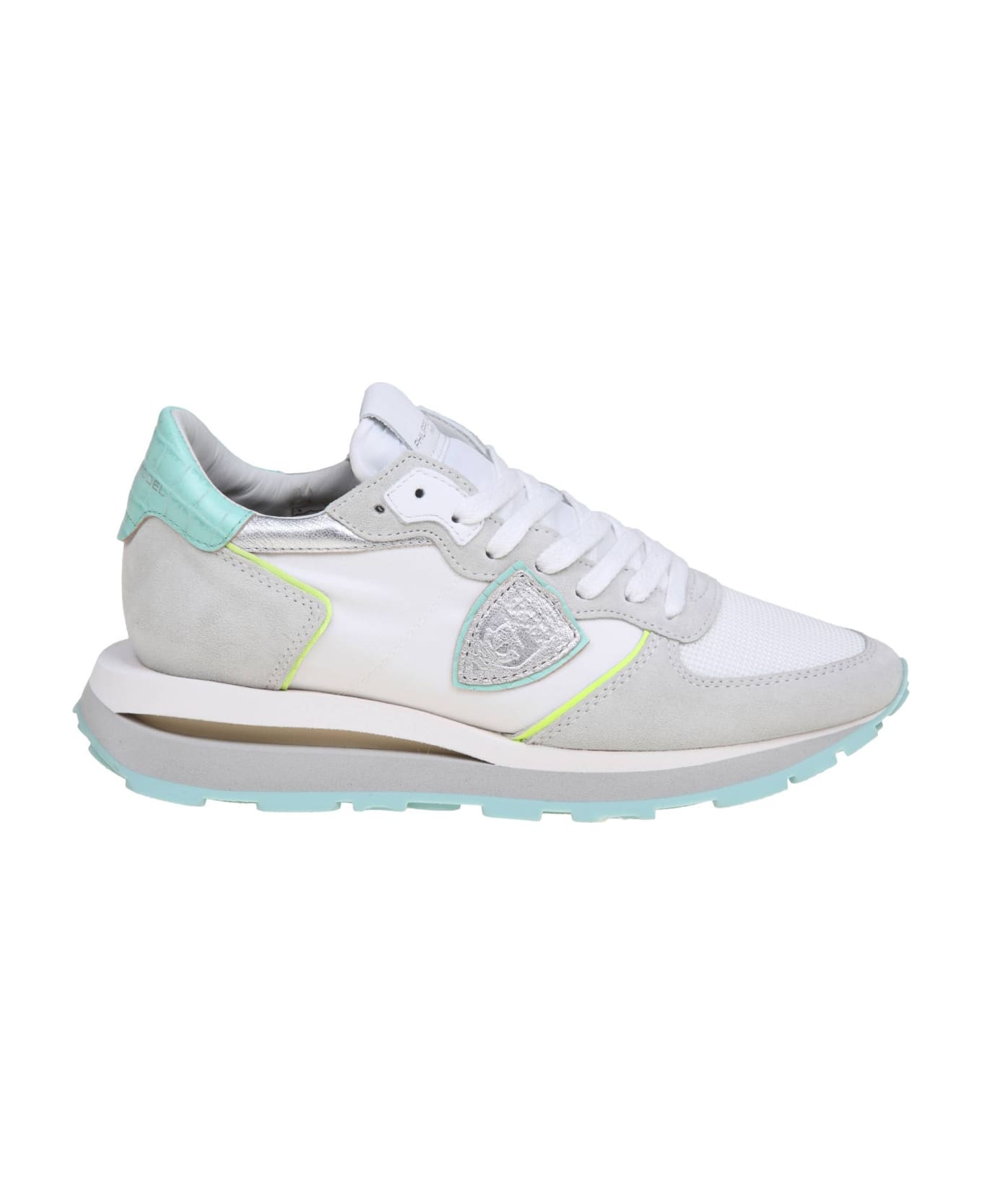 Philippe Model Tropez Sneakers In Suede And Nylon Color White And Turquoise