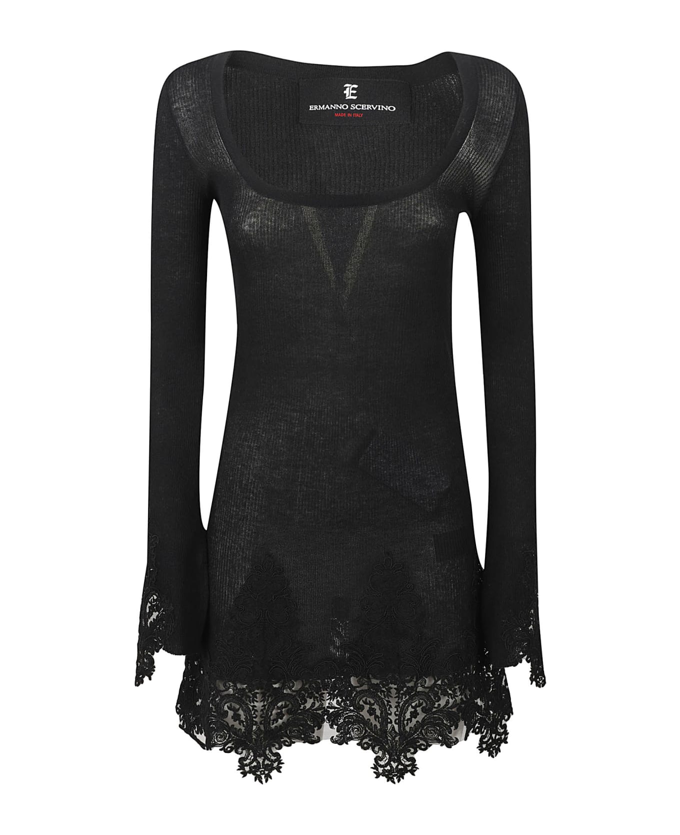 Ermanno Scervino Square Neck Lace Paneled Knit Dress - Black