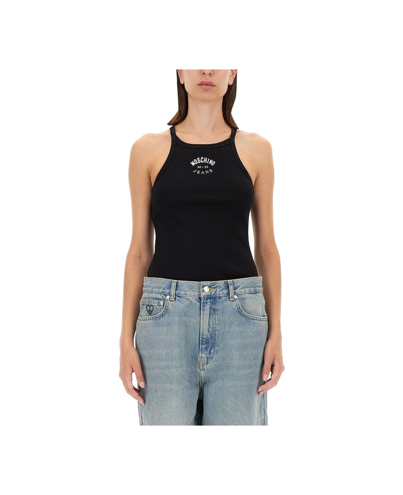 M05CH1N0 Jeans Jeans Sleeveless Ribbed Tank Top - BLACK