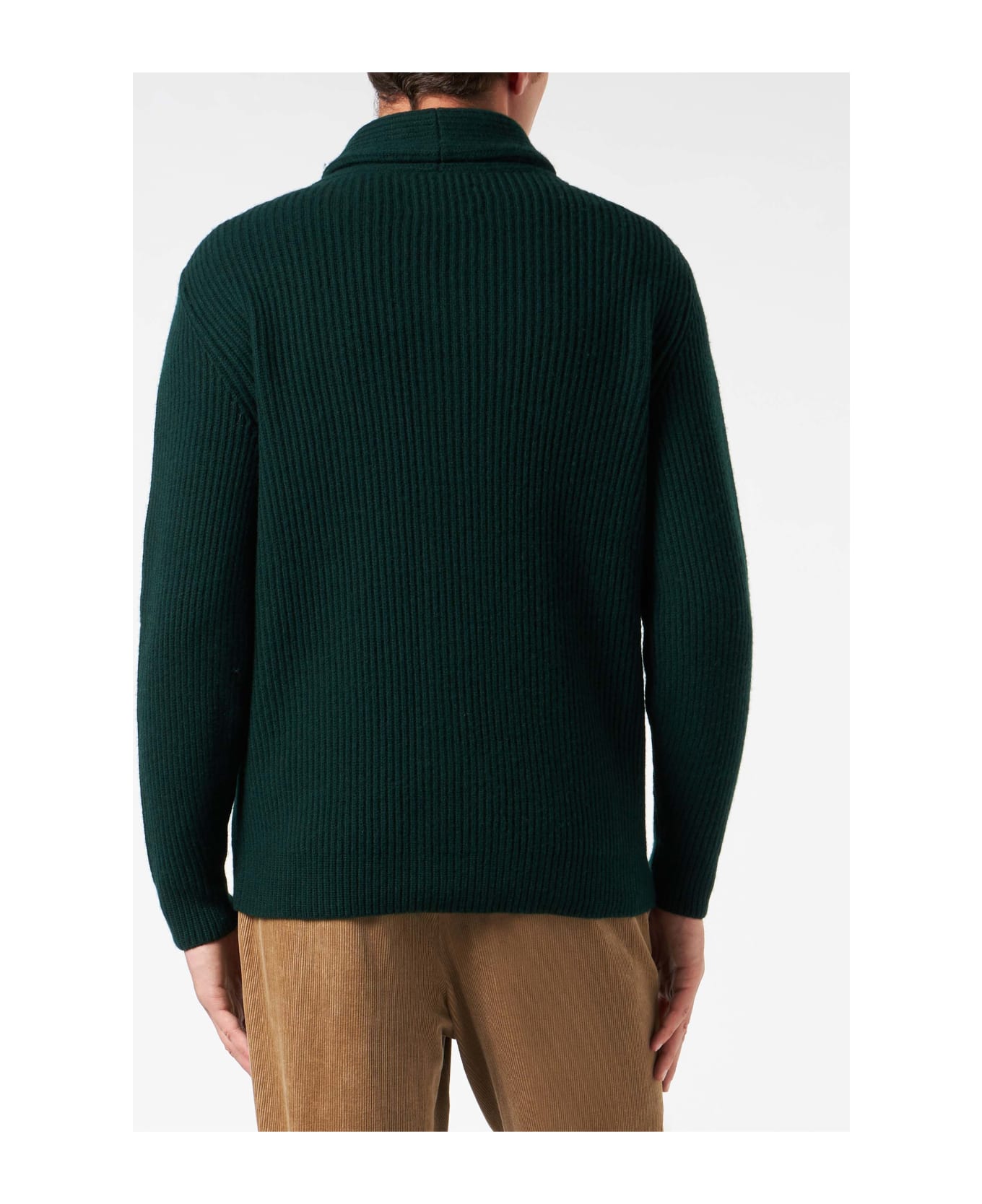 MC2 Saint Barth Man Shawl Collar Green Ribbed Cardigan With Pockets And Patch - GREEN