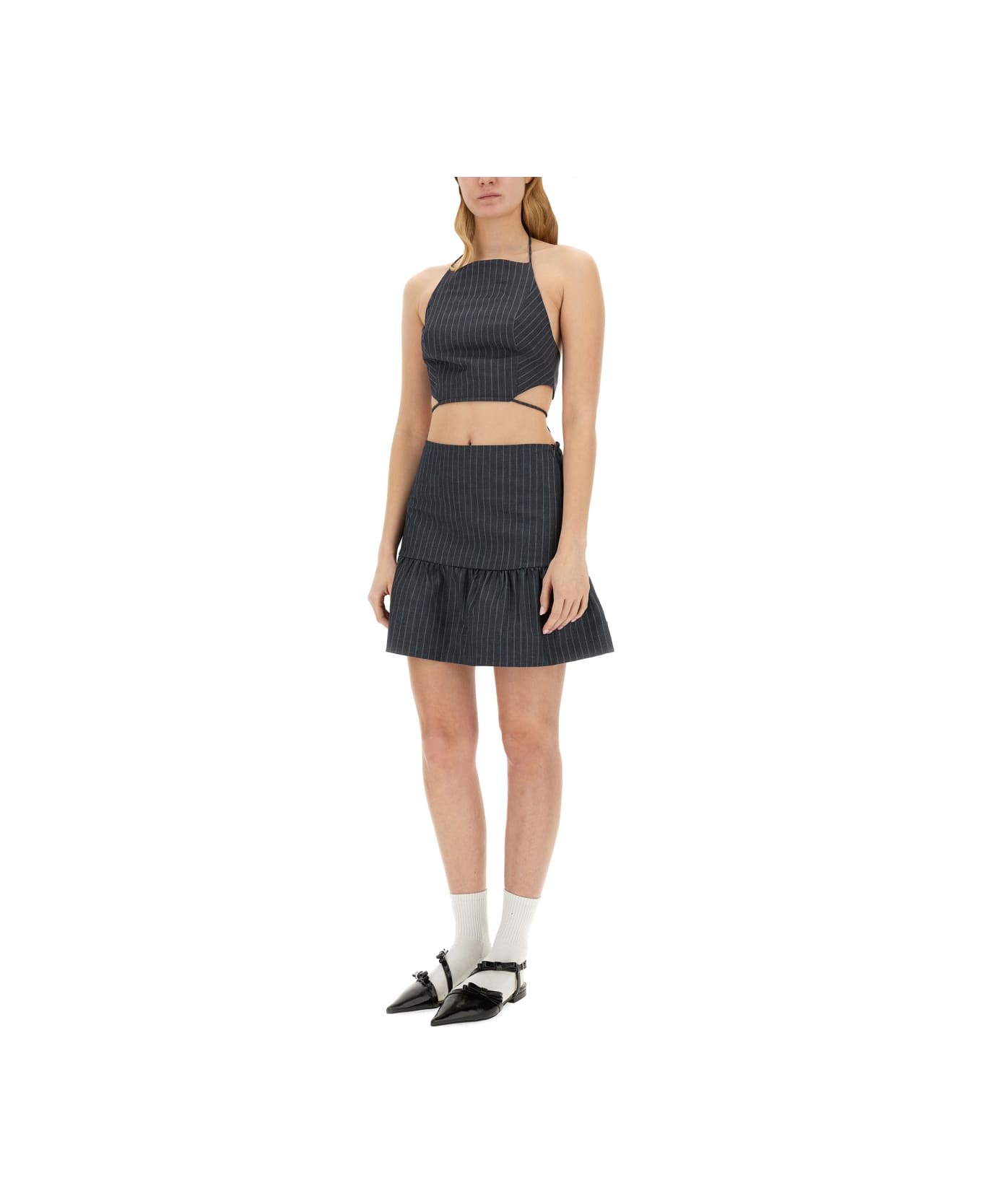 Ganni Flounced Mini Skirt - GRAY PINSTRIPE スカート