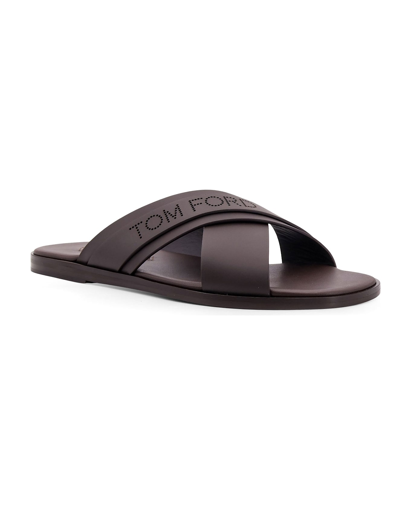Tom Ford Leather Sandals With Perforated Logo Detail - Brown