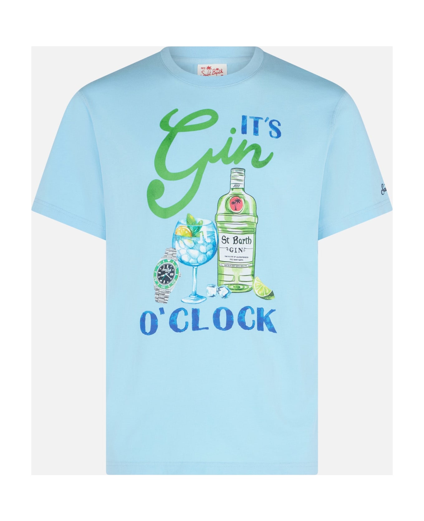 MC2 Saint Barth Man Cotton T-shirt With It's Gin O'clock Print - SKY