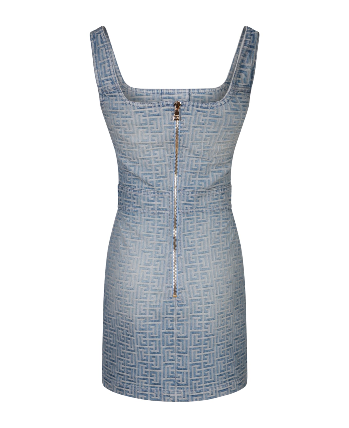 Balmain Blue Denim Mini Dress With All-over Logo - Blue