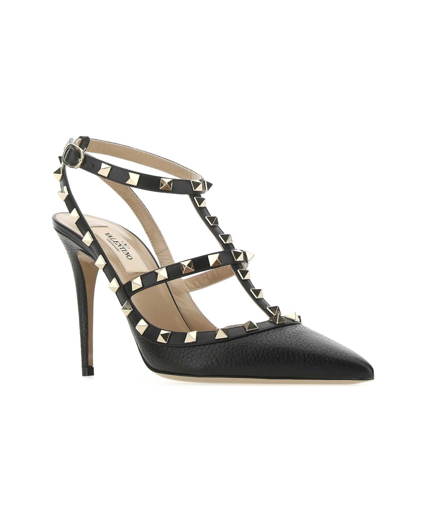 Black Leather Rockstud Pumps - Thumbnail 1