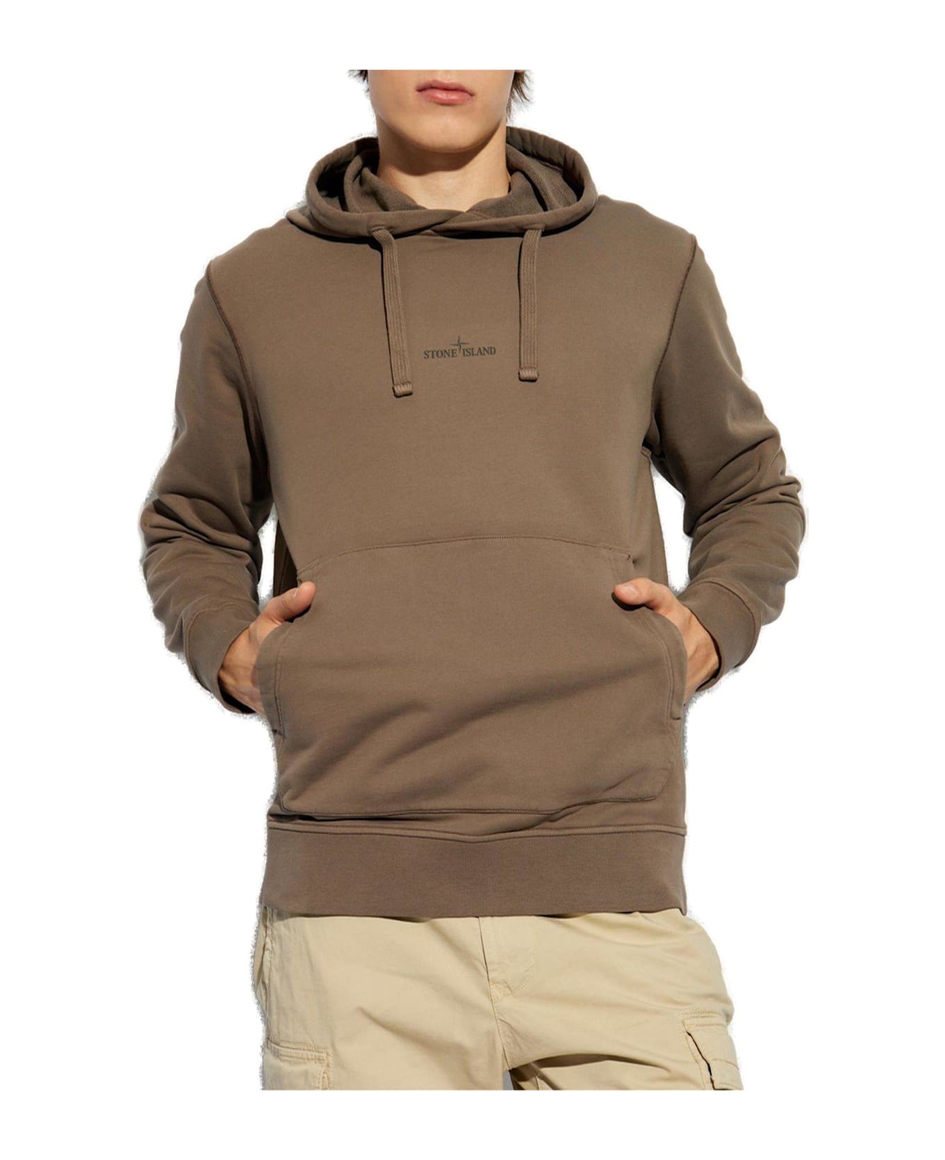 Stone Island Logo Printed Drawstring Hoodie - WALNUT