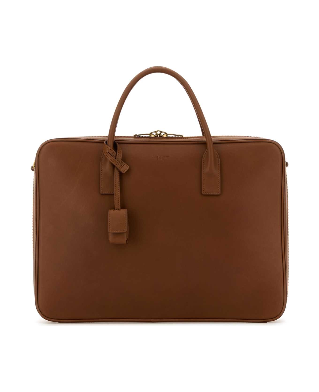 Saint Laurent Caramel Leather Briefcase - BRICK