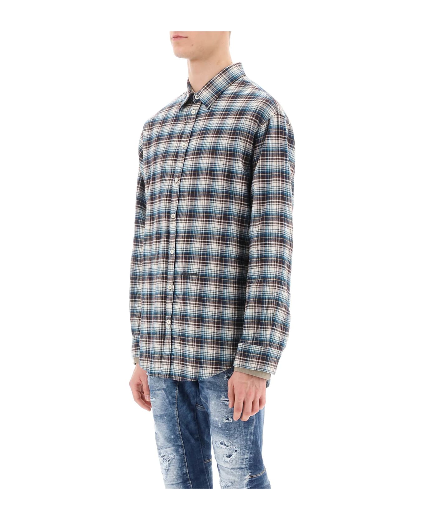 Dsquared2 Check Shirt With Layered Sleeves - IVORY BROWN GREEN (Blue)
