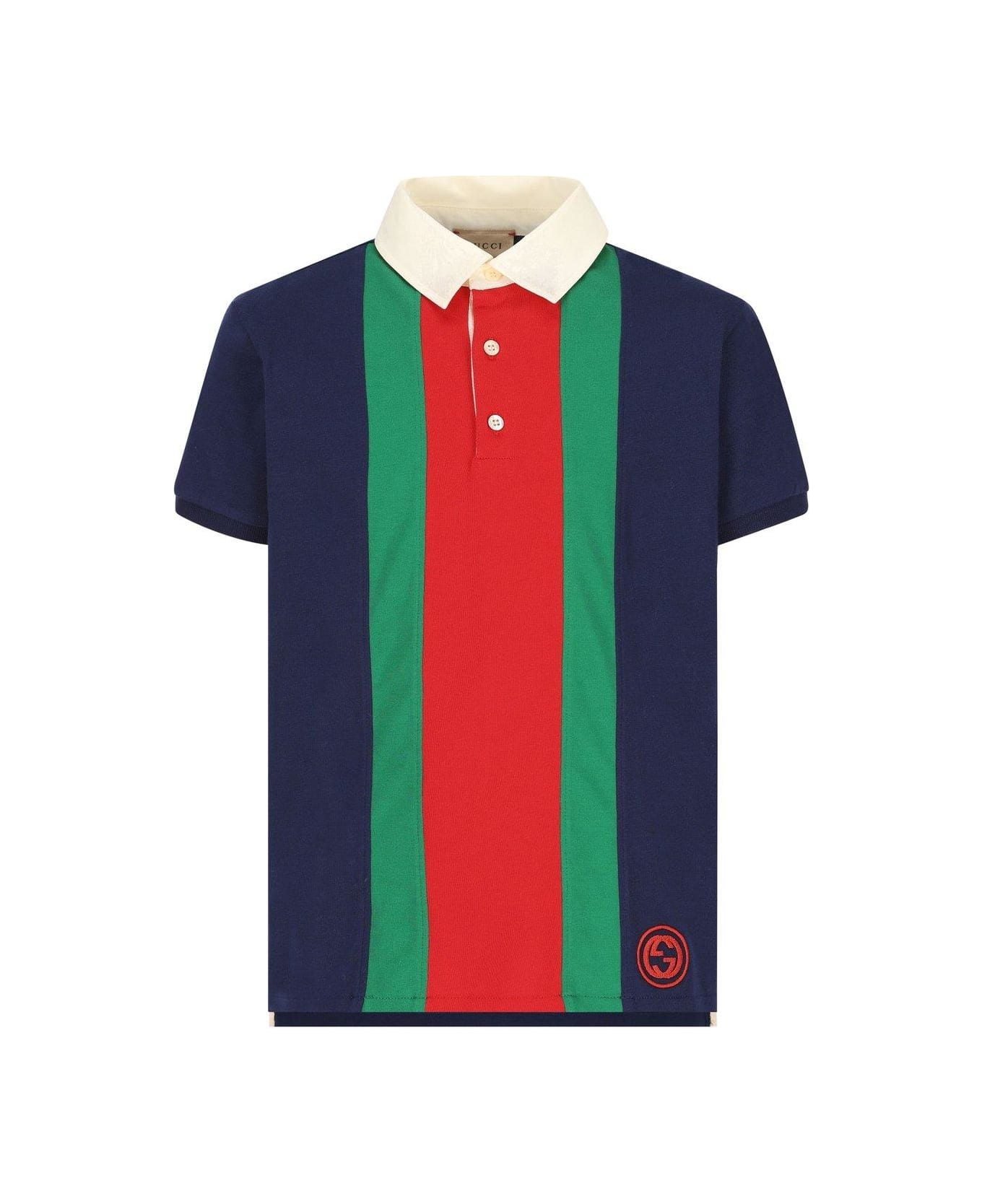 Gucci Logo Embroidered Striped Polo Shirt - Blu