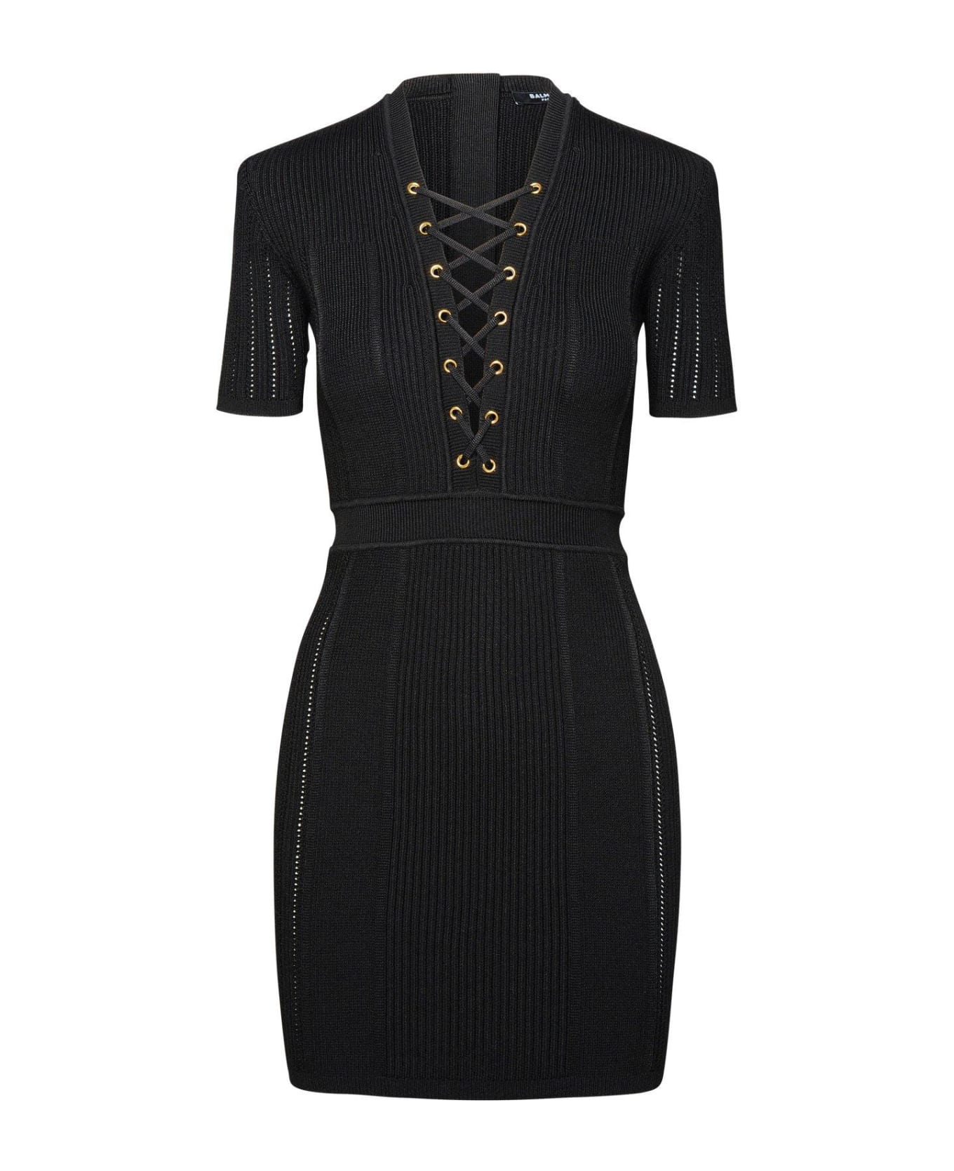Balmain Short Fine Ribbed Knit Dress - BLACK