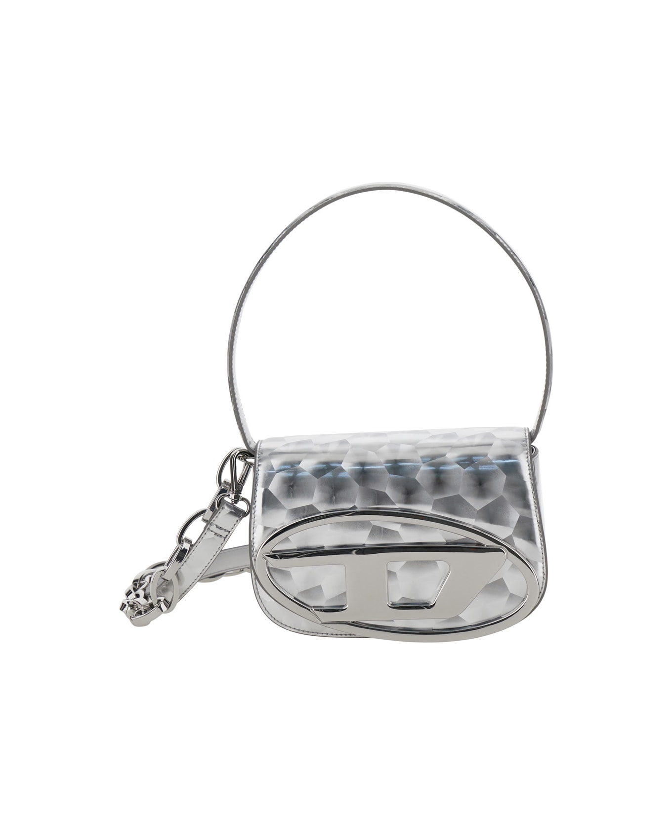 Diesel '1dr' Silver Shoulder Bag With Front Metallic Oval D Logo In Techno Fabric Woman - Metallic
