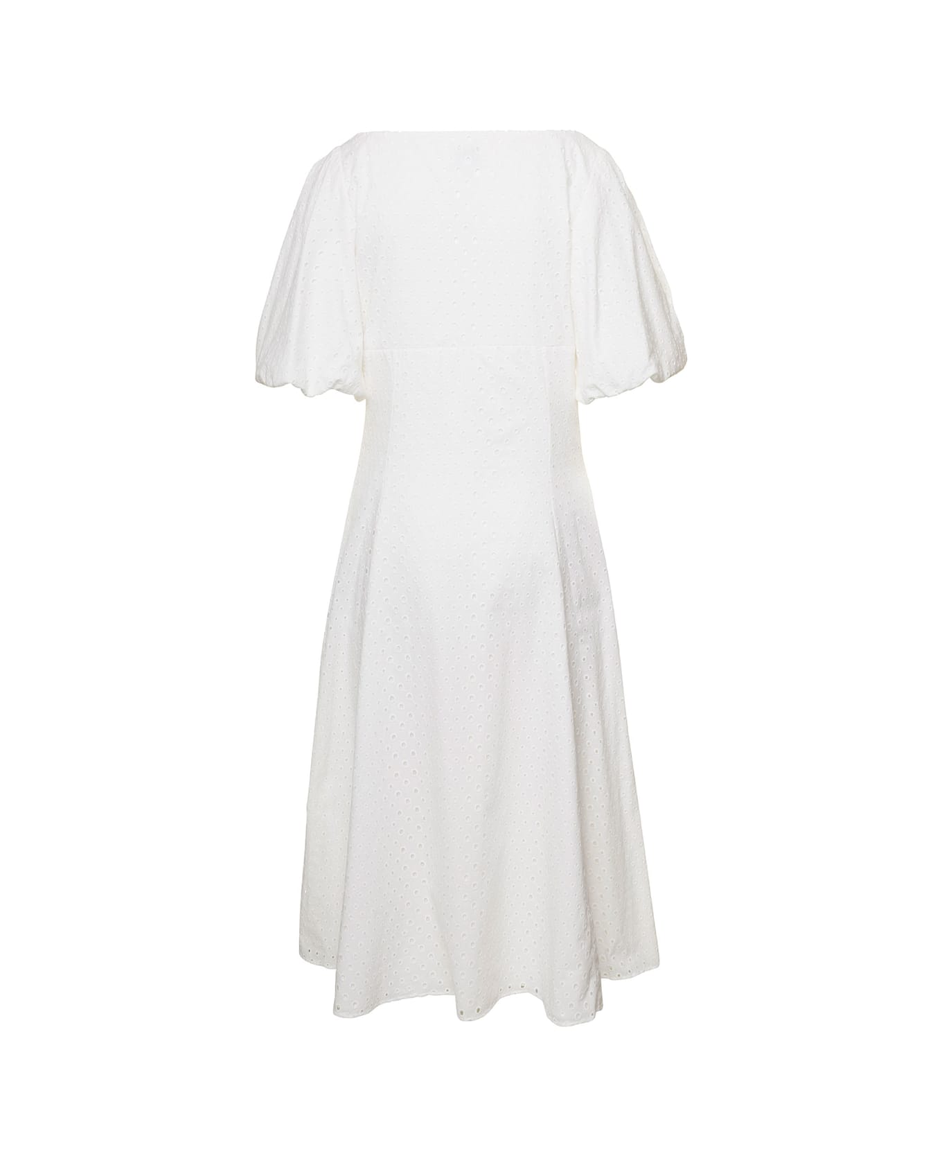 Kenzo White Puff Sleeve Embroidered Midi Dress In Cotton Woman - White