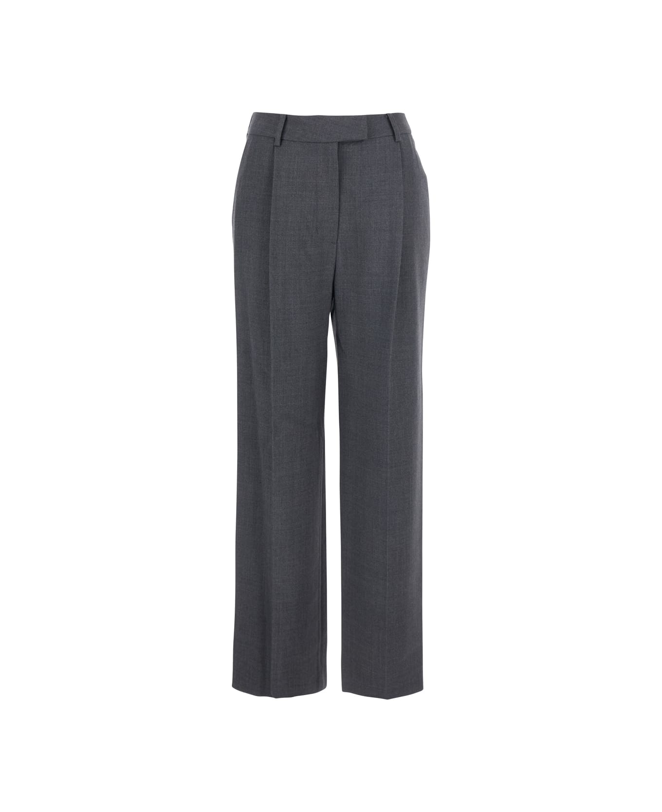 Low Classic Grey Pants With Buckled Belt On The Rear And Wide Leg In Wool Blend Woman - Grey