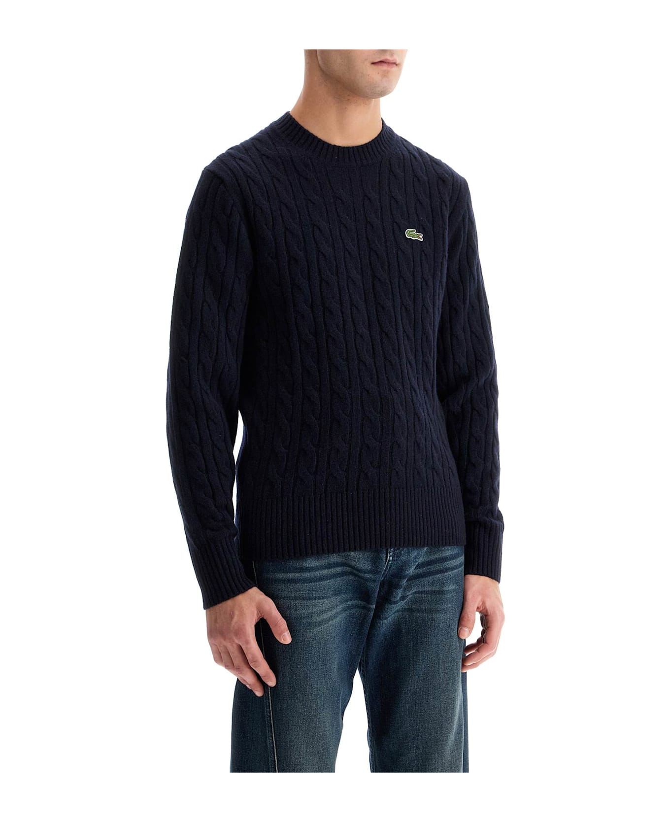 Lacoste Classic Fit Cable Knit Wool Pullover - Navy