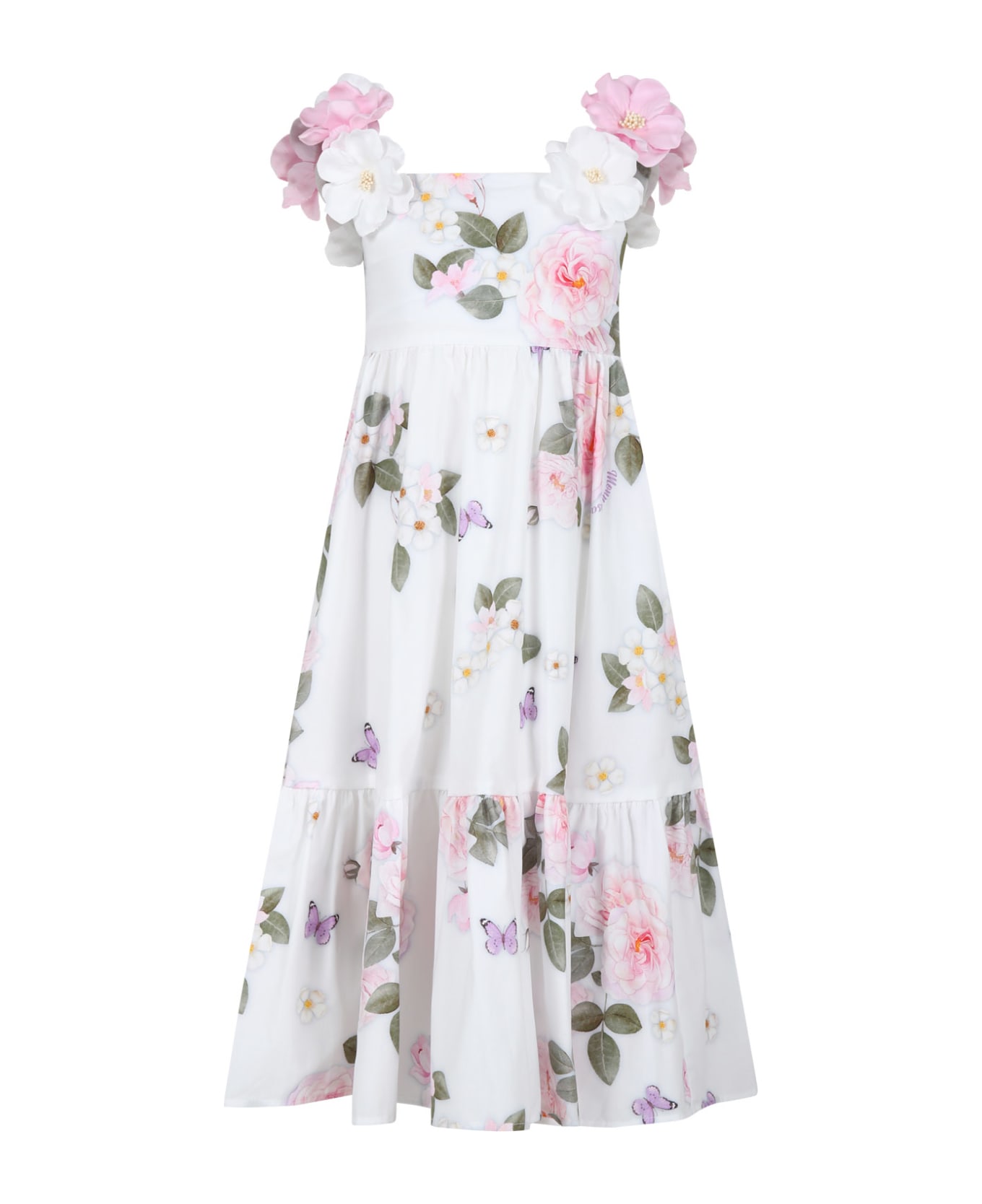 Monnalisa White Dress For Girl With Flowers - WHITE ワンピース＆ドレス