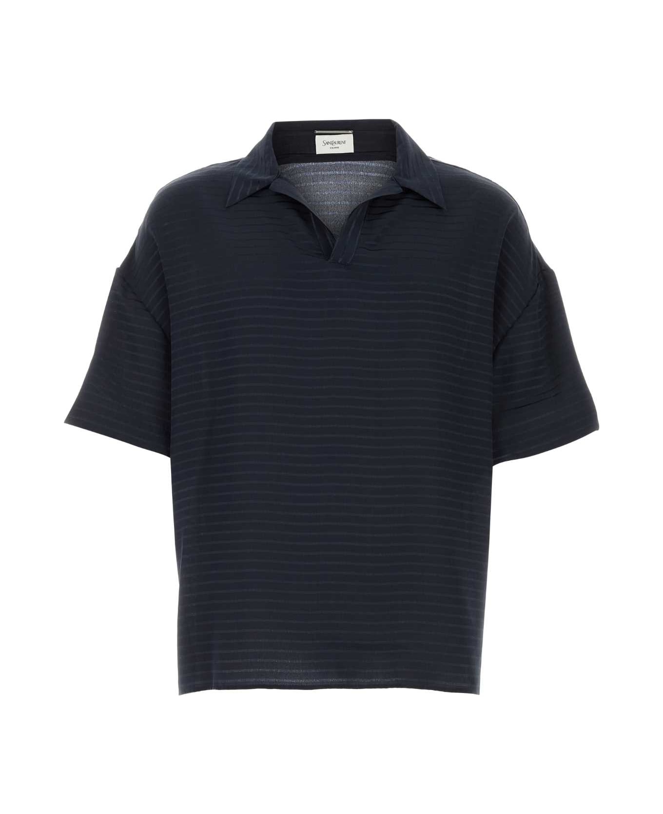 Saint Laurent Navy Blue Silk Oversize Polo Shirt - BLEUNUIT