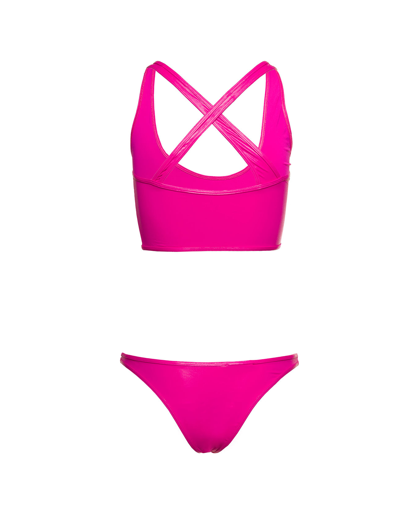 The Attico Crossover-strap Bikini Set With Embroidered Logo In Technical Fabric Woman - Fuxia