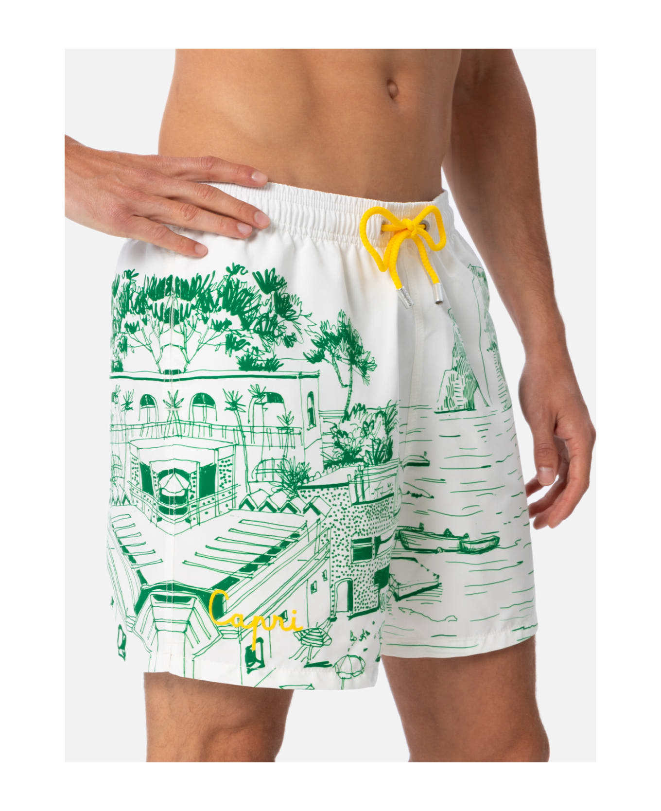 MC2 Saint Barth Man Mid-length Gustavia Swim-shorts With Capri Placed Print - WHITE