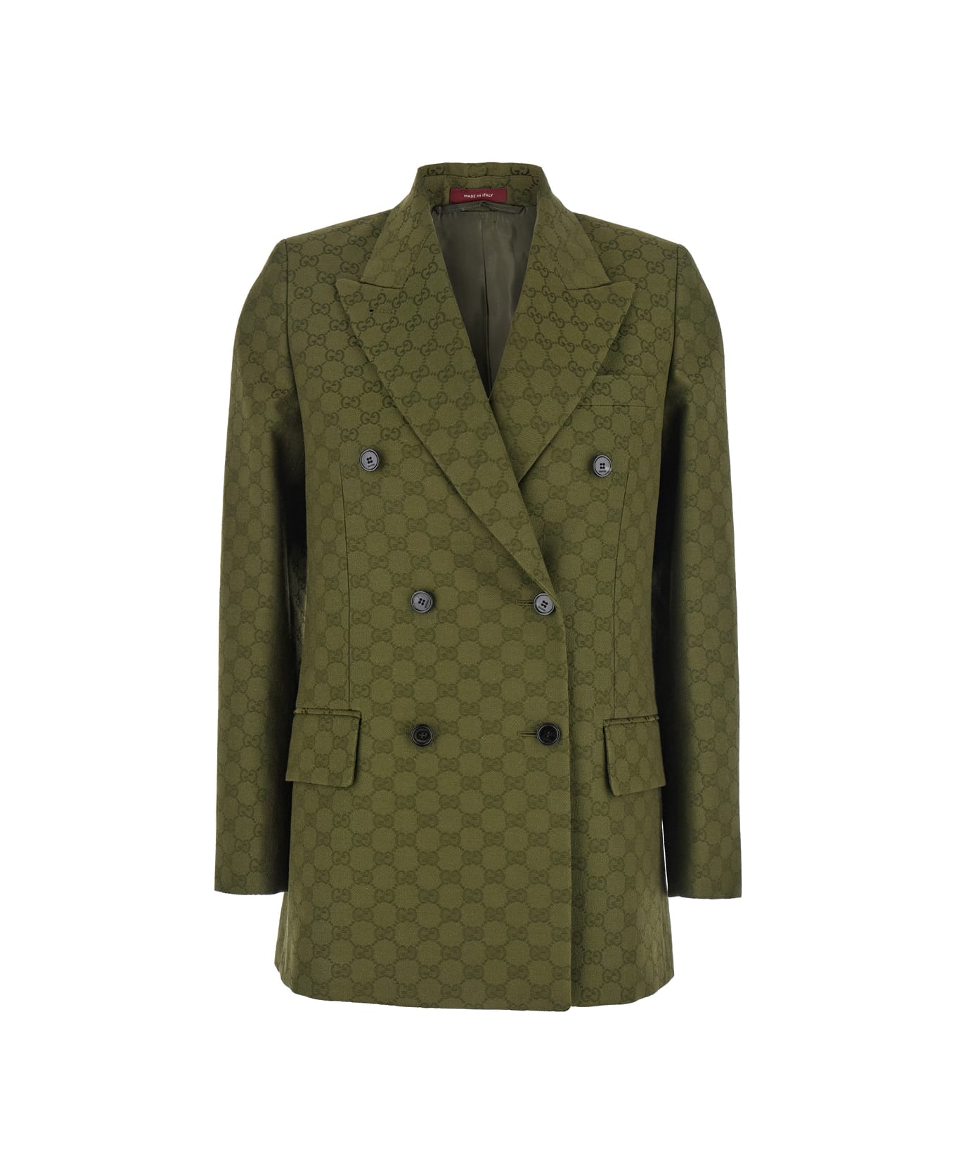 Gucci Green Double-breasted Jacket With Peak Revers In Gg Canvas Woman - Green