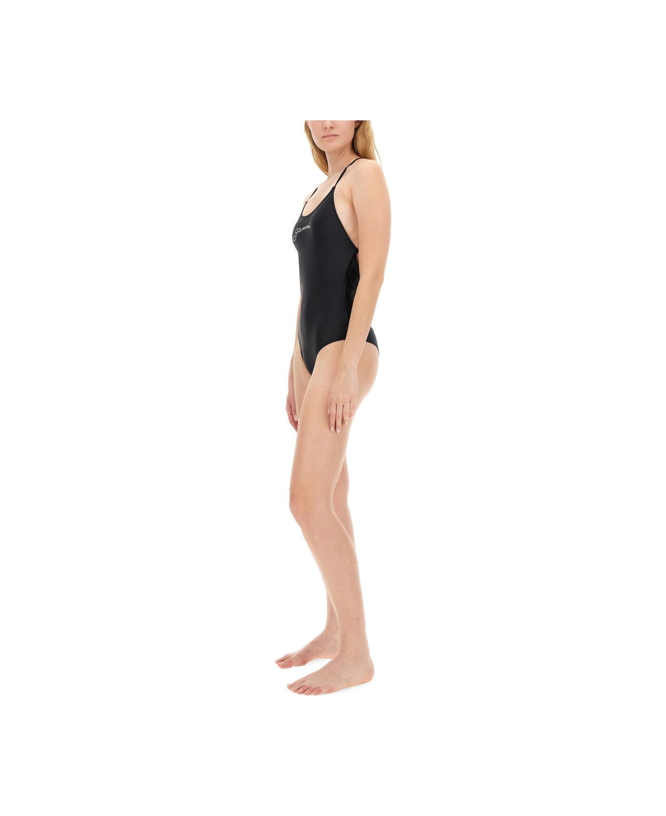 Ganni One Piece Swimsuit With Logo - Nero