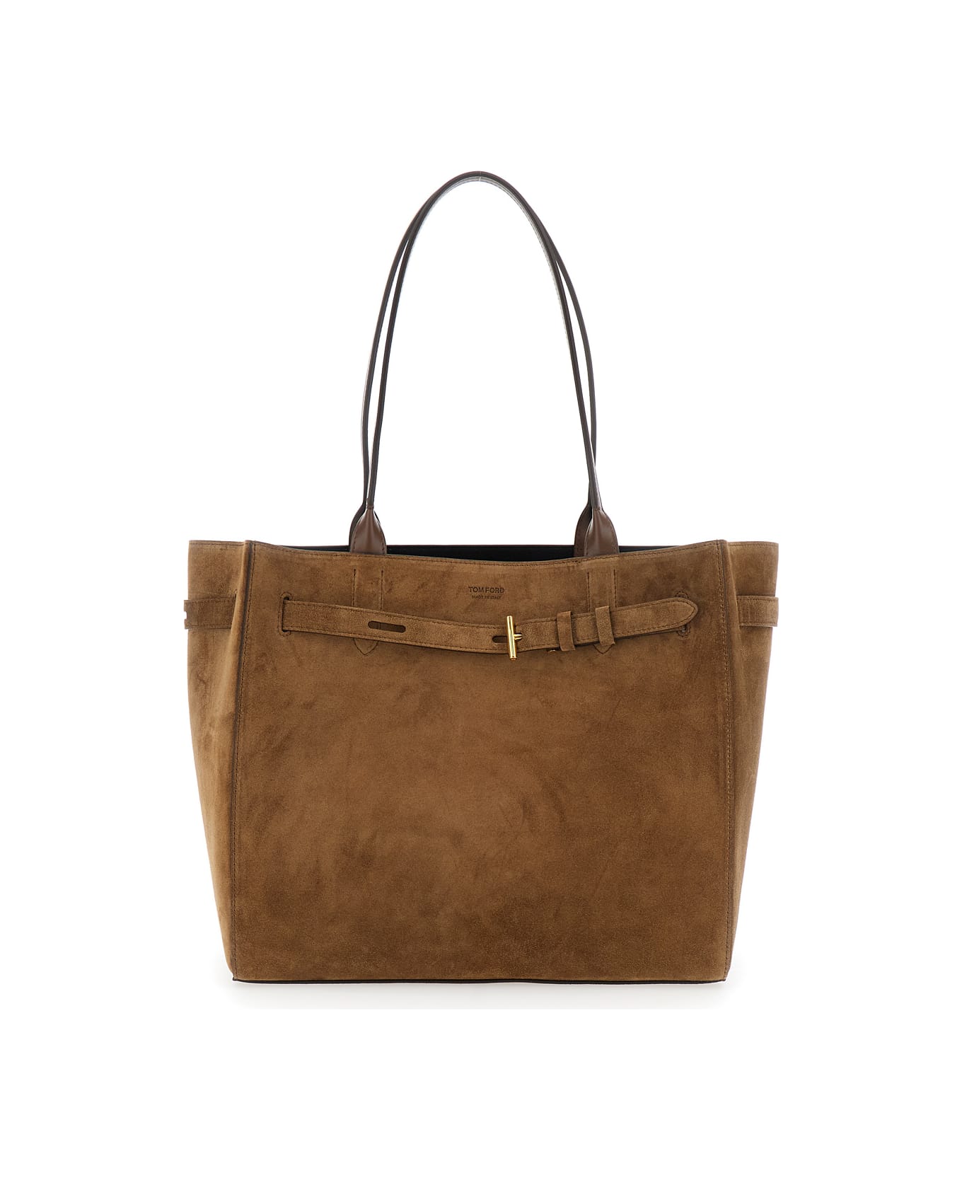 Tom Ford Brown Medium Tote Bag With Belt And T Plaque On The Front In Suede Woman - Brown