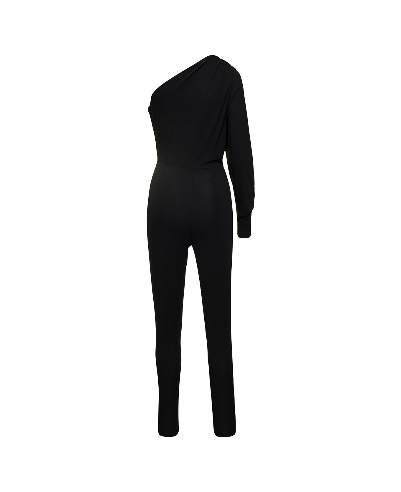 Saint Laurent Black One-shoulder Jumpsuit With Side Gathering In Jersey Woman - Black