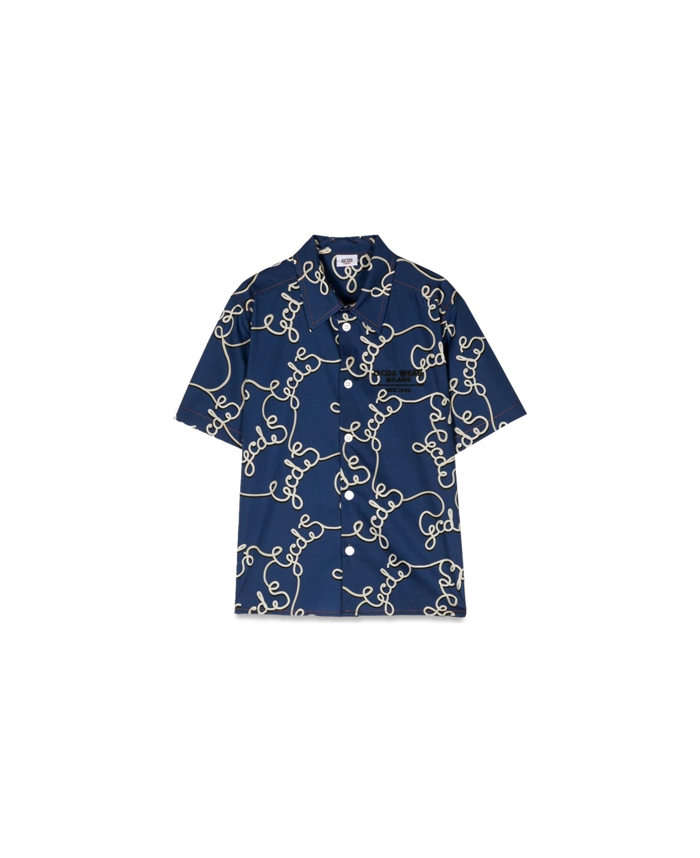 GCDS Logo Patterned Short Sleeve Shirt - BLUE