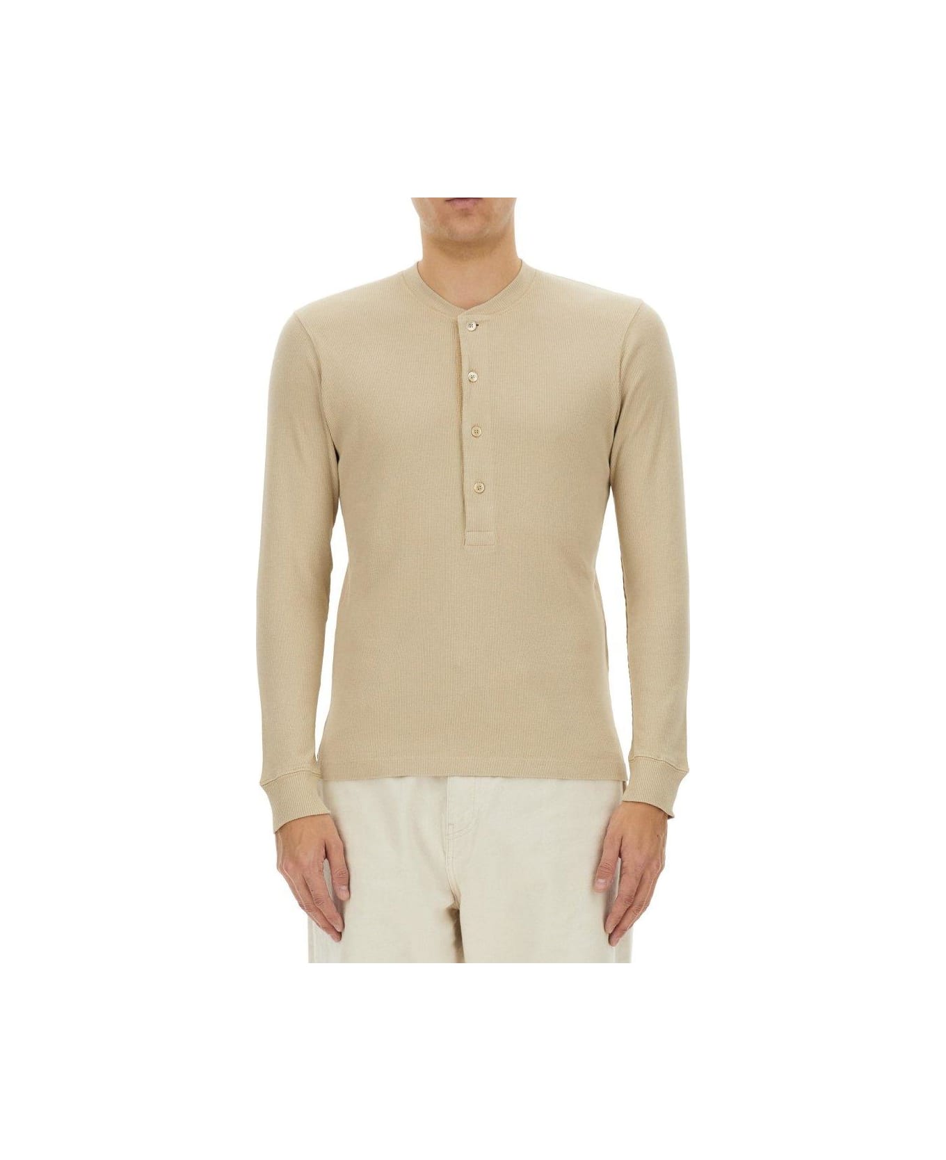 Tom Ford Fine-ribbed Logo Embroidered T-shirt - BEIGE