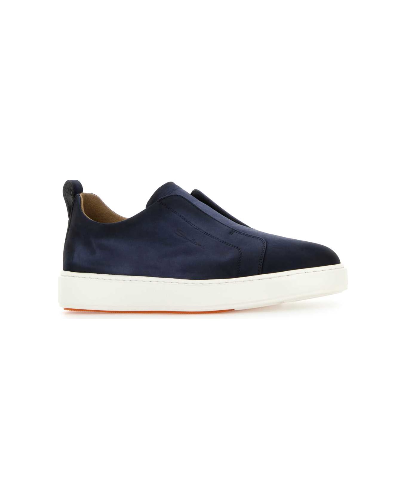 Santoni Navy Blue Suede Victory Slip Ons - BLUE