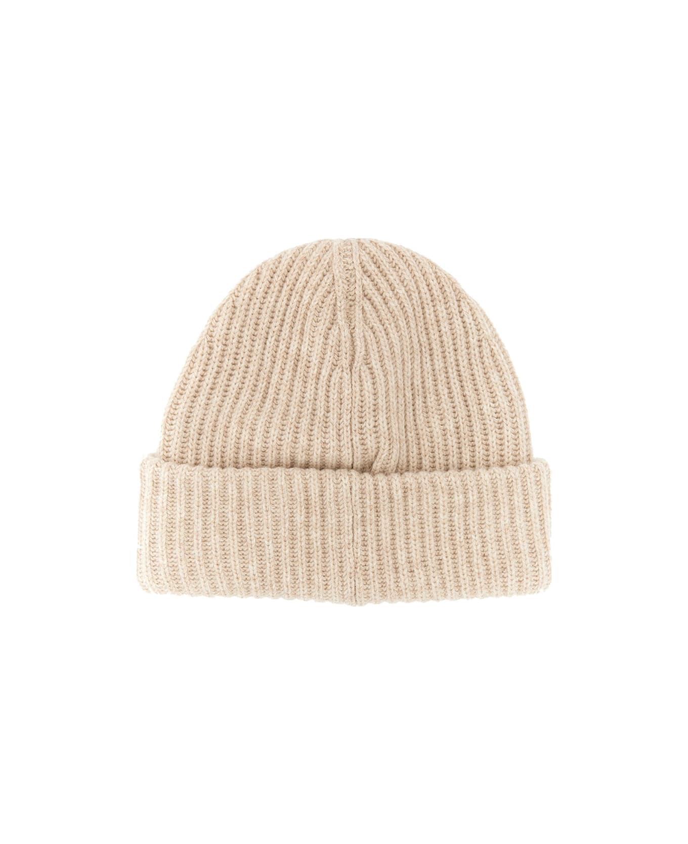 Ganni Beanie Hat With Logo - BEIGE