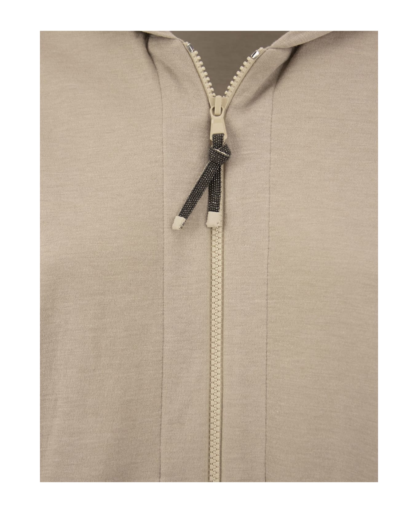 Brunello Cucinelli Cotton And Silk Sweatshirt With Hood And Monili On The Zip - Beige