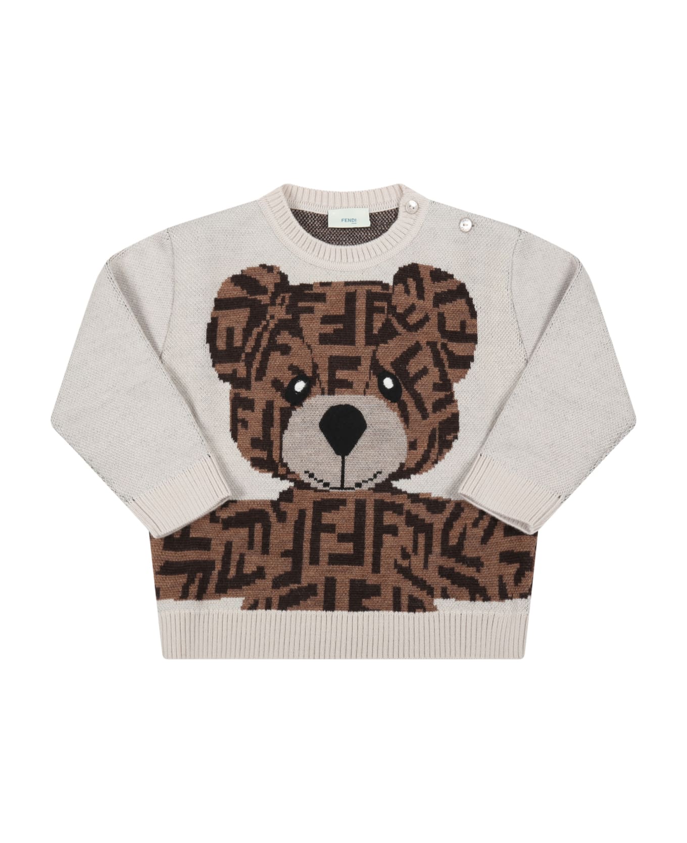 Fendi Body Beige Sweater For Baby Kids With Bear - Beige