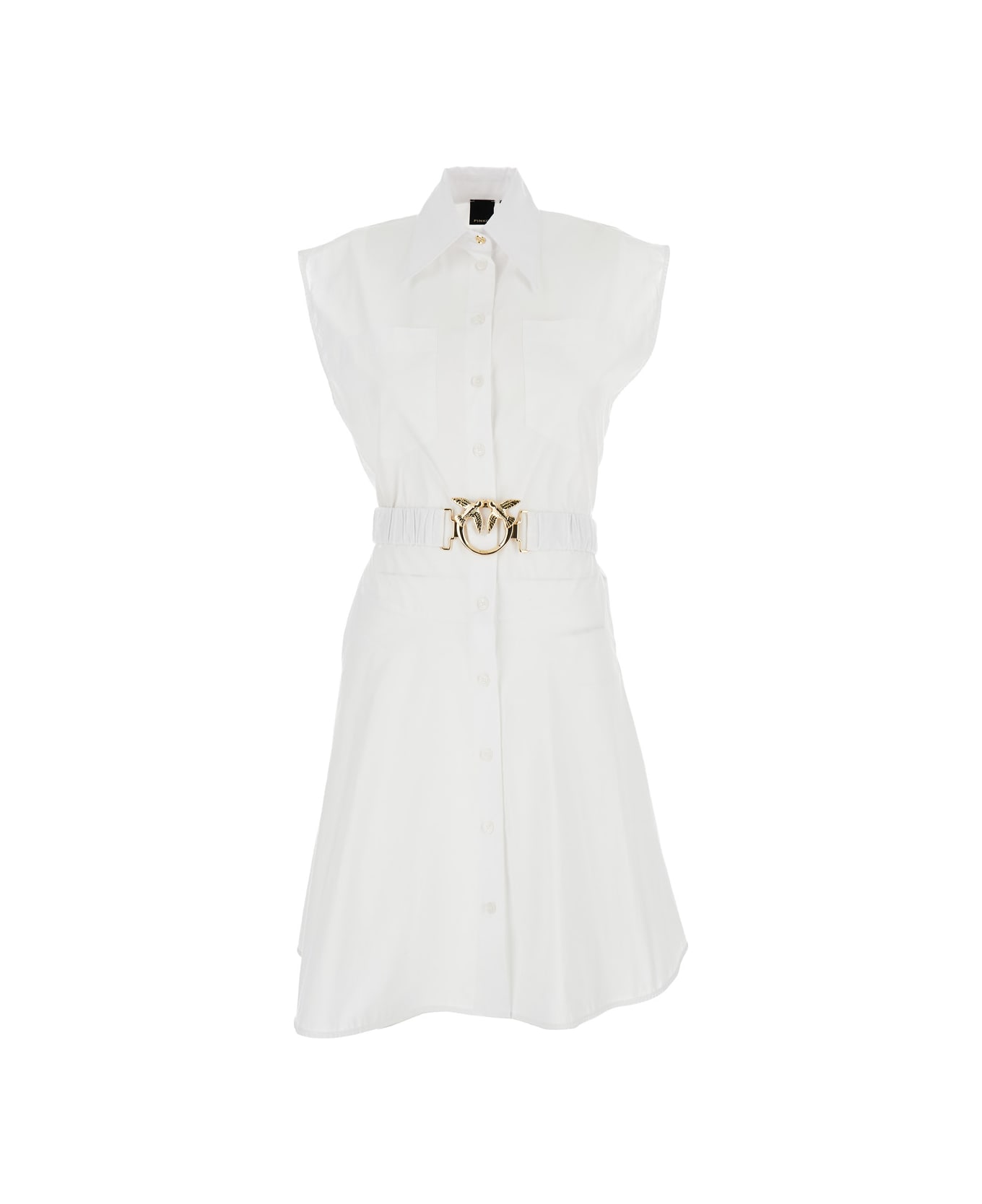 Pinko White Popeline Mini-dress With Love-bird Belt In Cotton Woman - White ワンピース＆ドレス