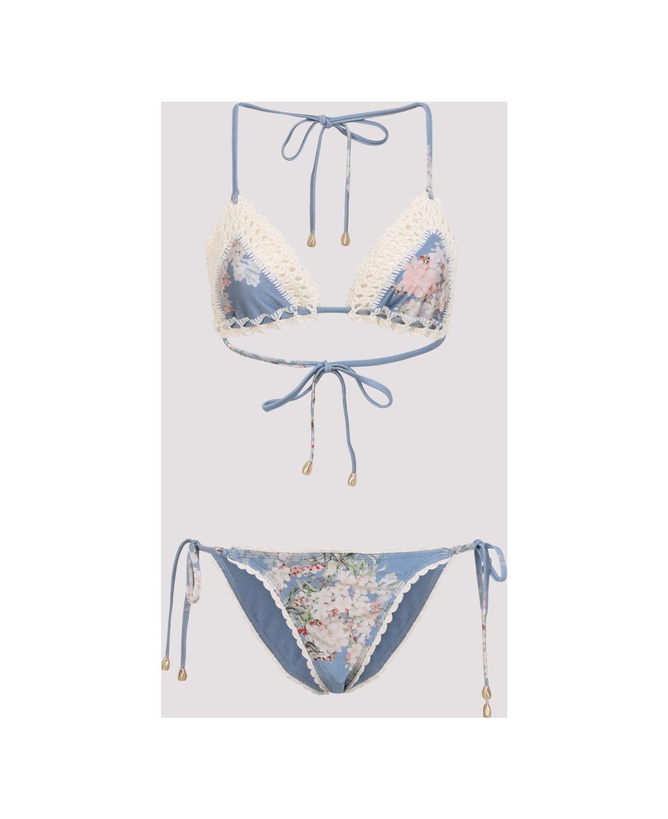 Zimmermann Cascadian Crochet Tri Bikini - Teal Blue Botanical Floral