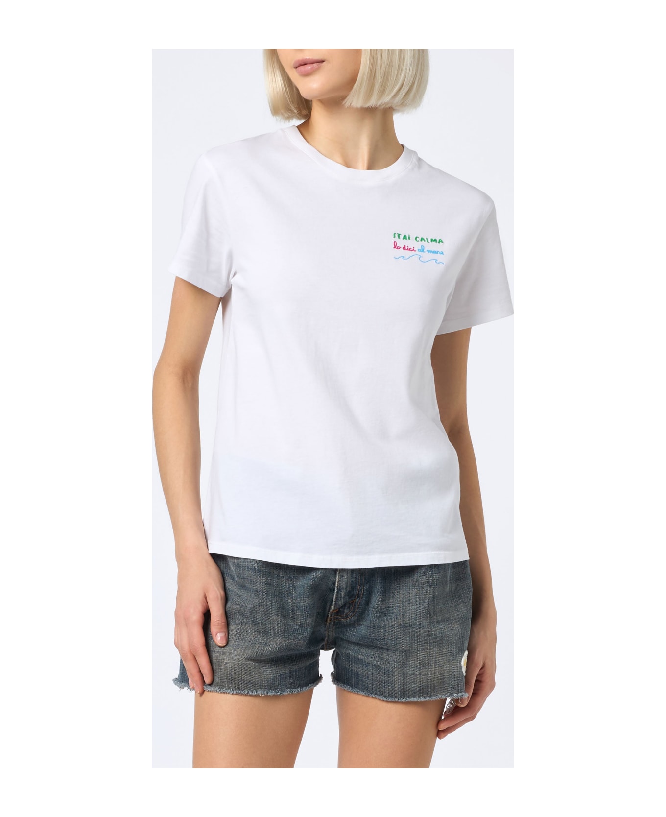 MC2 Saint Barth Woman Cotton Jersey Crewneck T-shirt Emilie With Stai Calma Lo Dici Al Mare Embroidery - WHITE