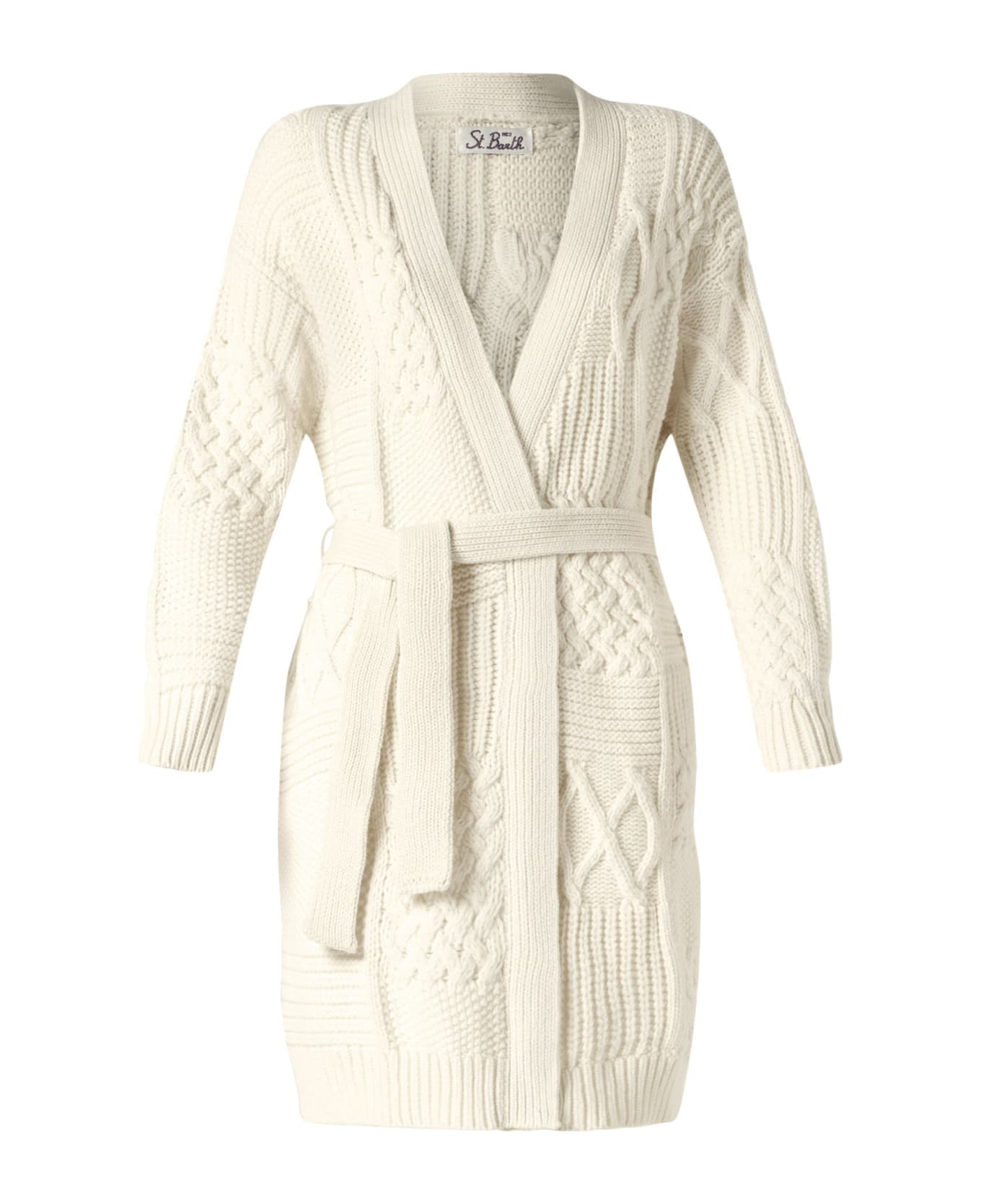 MC2 Saint Barth Woman Maxi Cardigan With Embroidery And Belt - WHITE