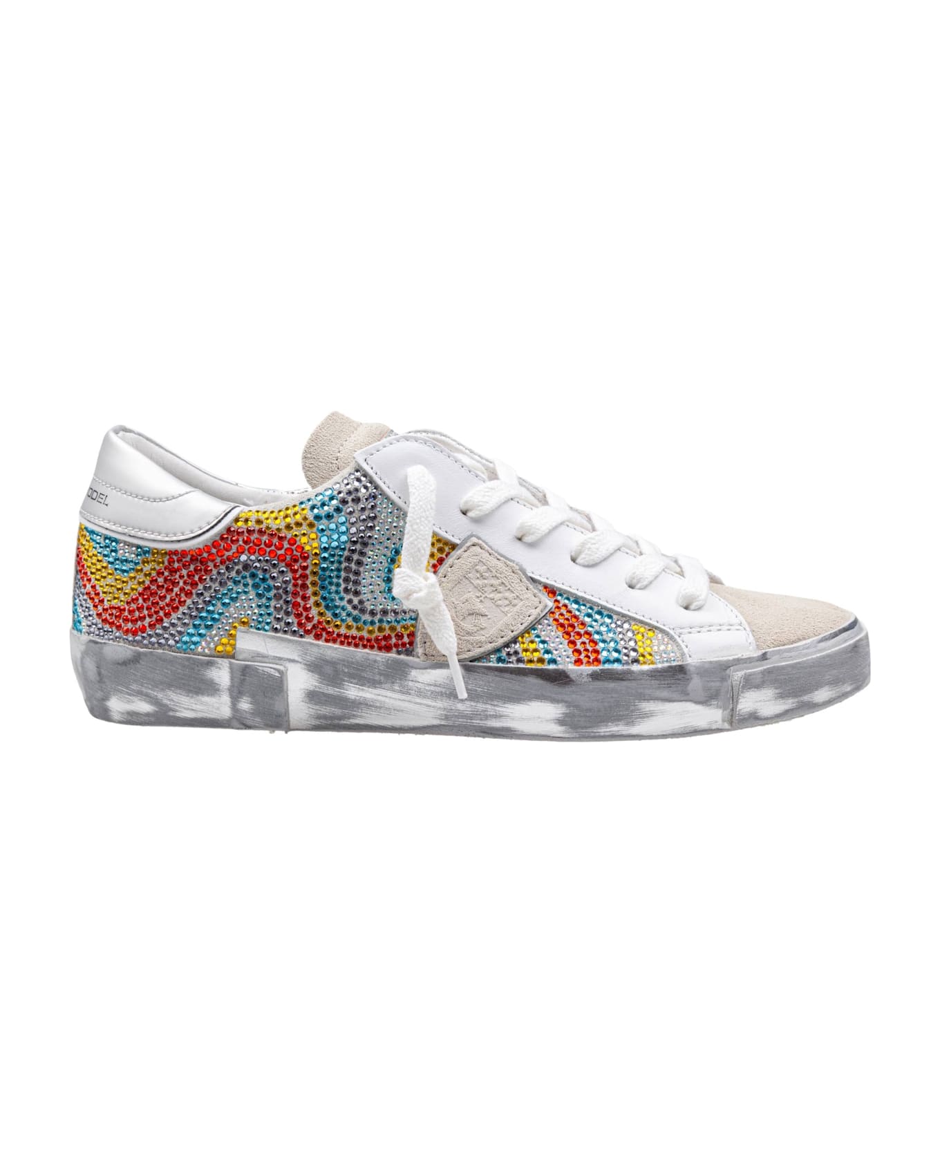 Philippe Model Prsx Low Sneakers In Leather And Suede With Micro Crystals - Multicolor