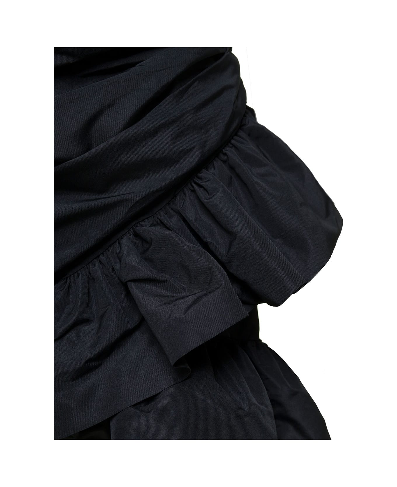 MSGM Mini Black Dress With Puff Sleeves And All-over Gatherings In Taffeta Woman - Black