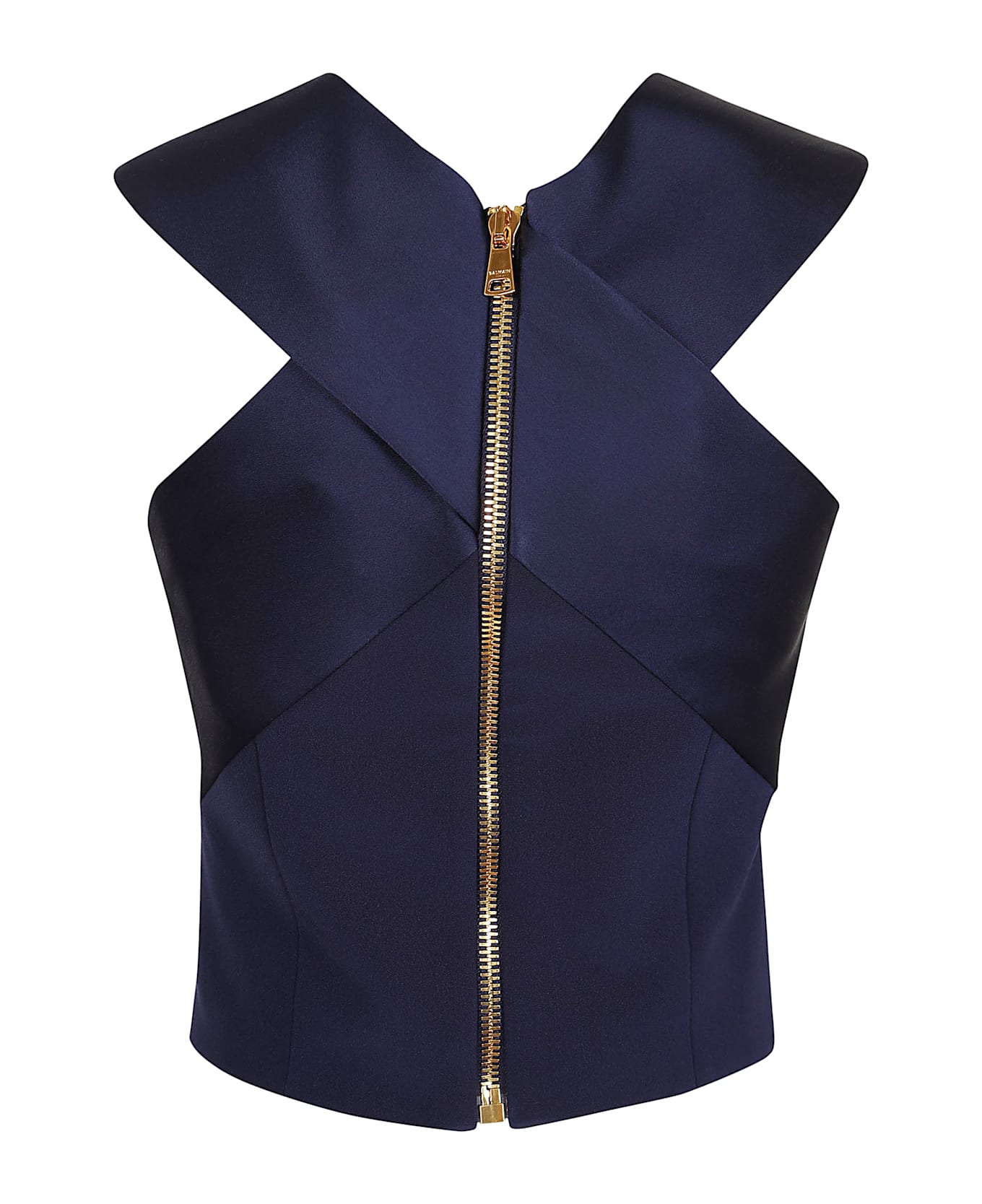 Balmain Satin Cross Neck Crepe Top - Bo Bleu Nuit