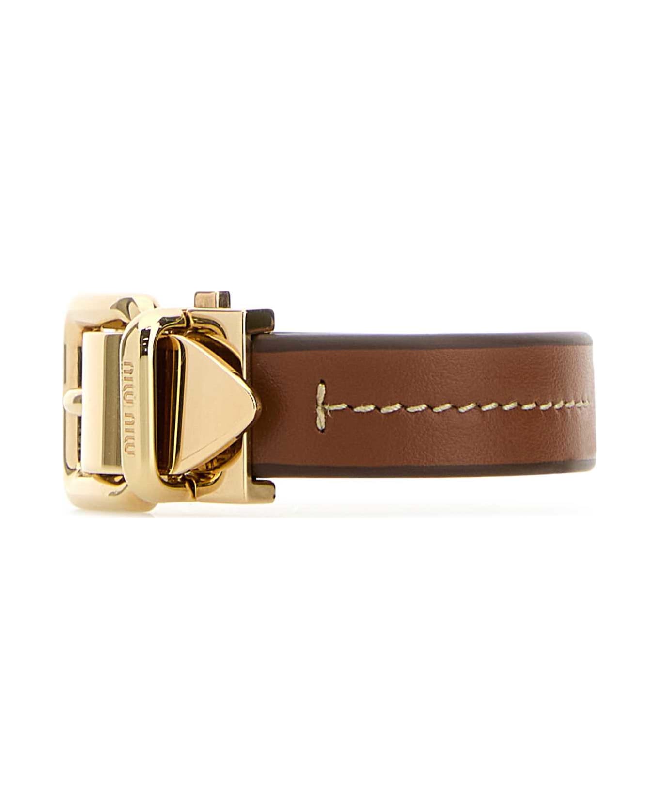 Miu Miu T Wo-tone Metal And Leather Bracelet - COGNAC