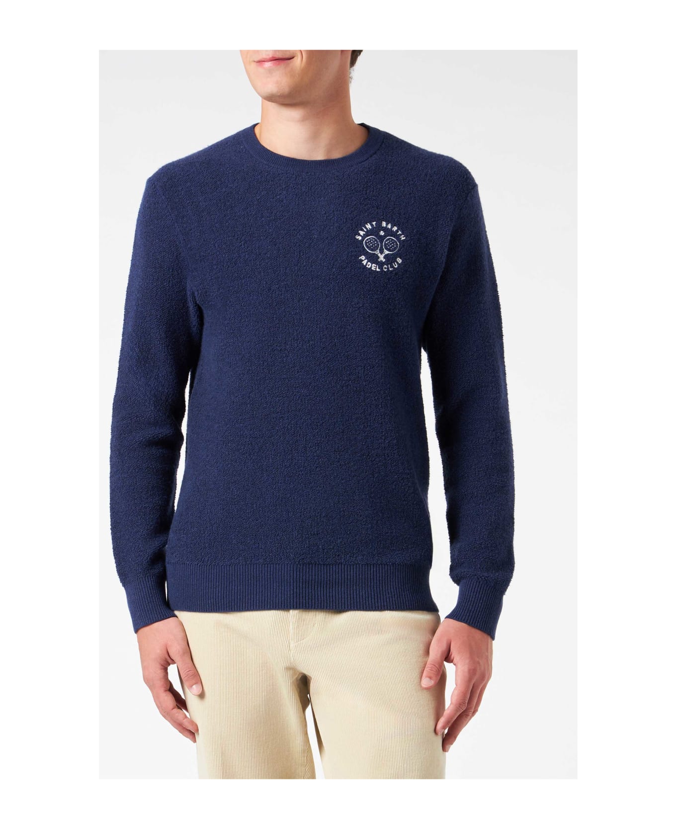 MC2 Saint Barth Man Crewneck Bluette Bouclé Sweater With Saint Barth Padel Club Embroidery - BLUE