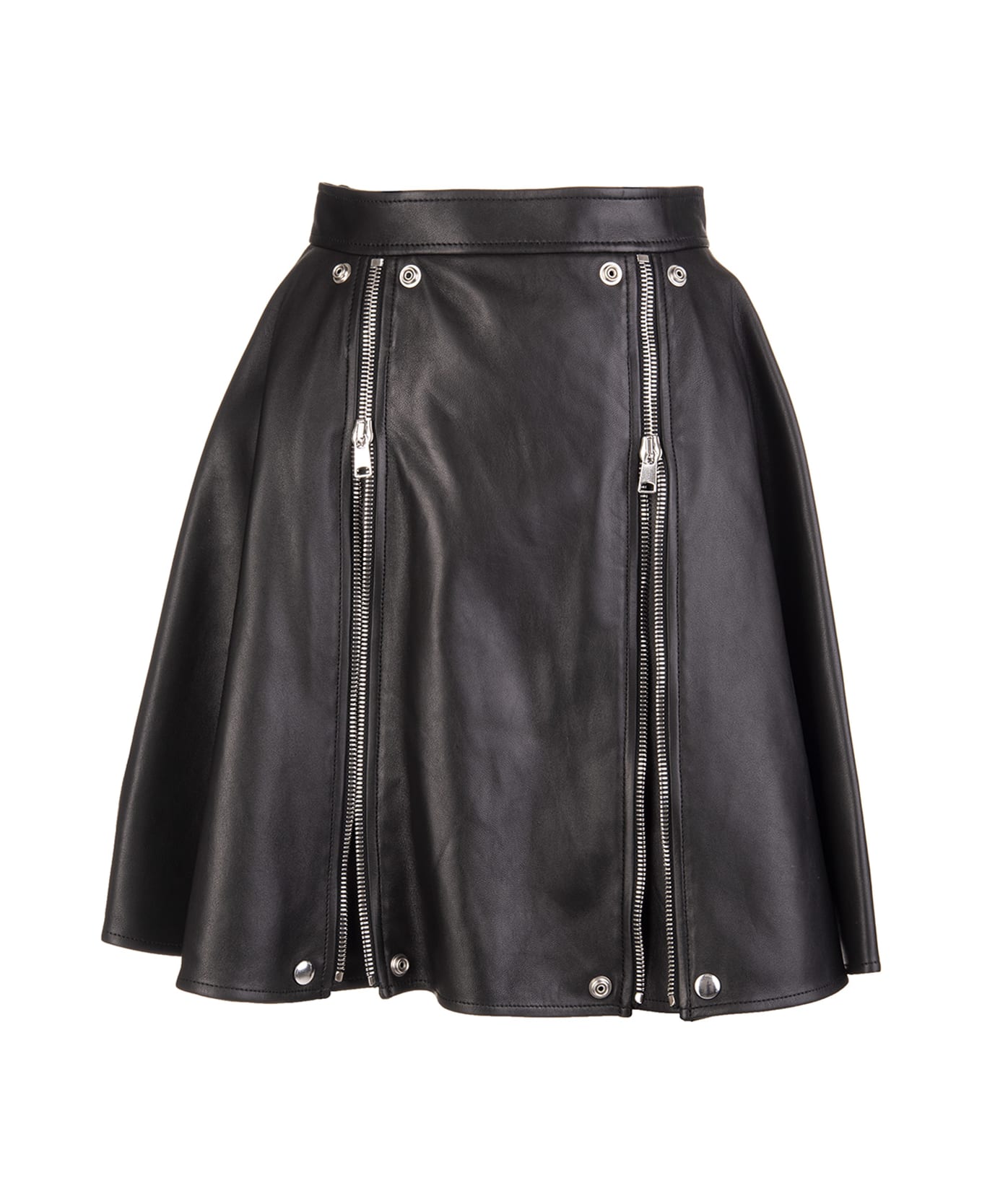 Alexander McQueen Black Leather Short Godet Skirt With Zip - Black