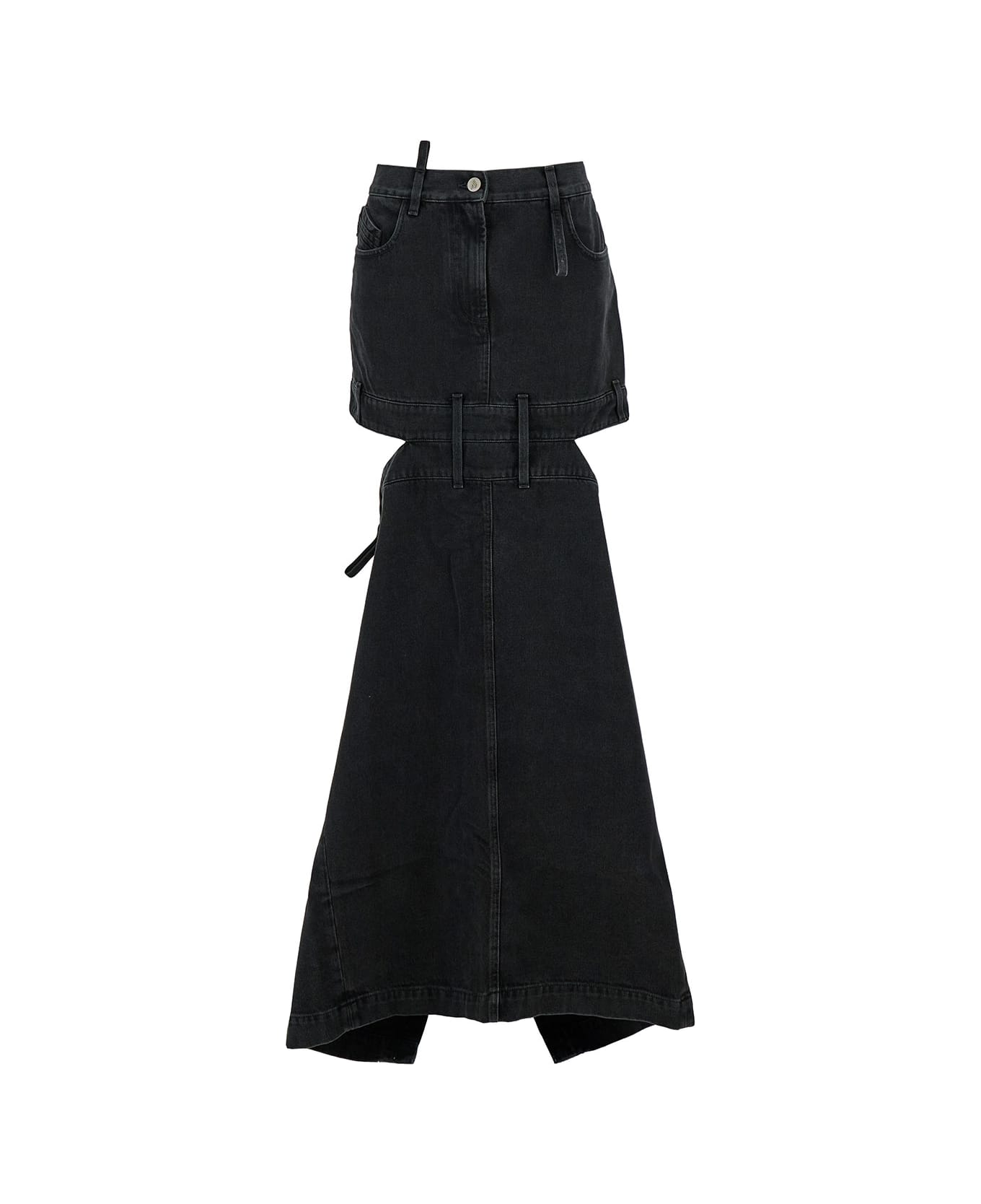 The Attico Midi Black Skirt With Maxi Cut-out In Denim Woman - BLACK ワンピース＆ドレス