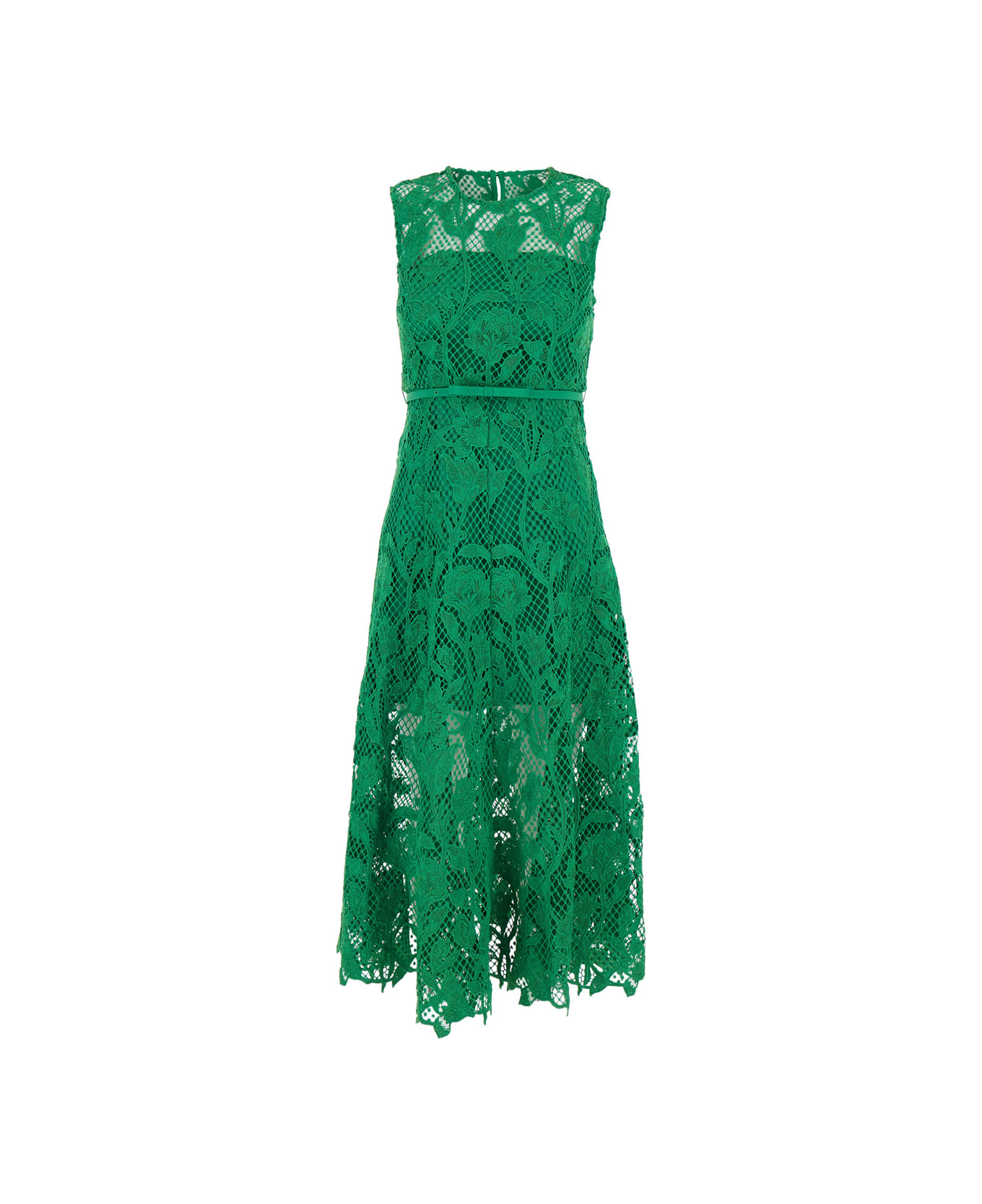 self-portrait Midi Green Dress With All-over Embroideries In Lace Woman - Green