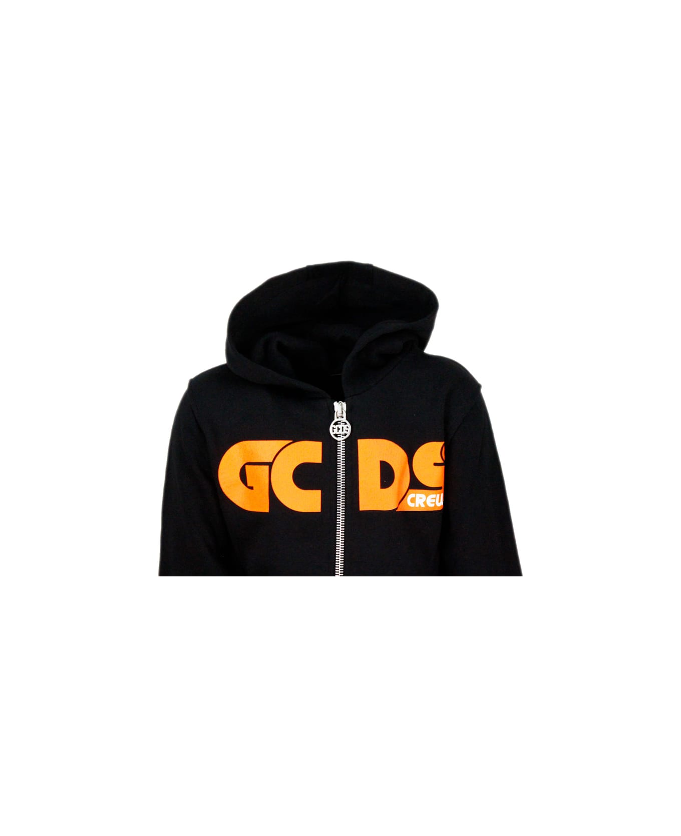 GCDS Hooded Sweatshirt With Zip And Fluo Writing - Black