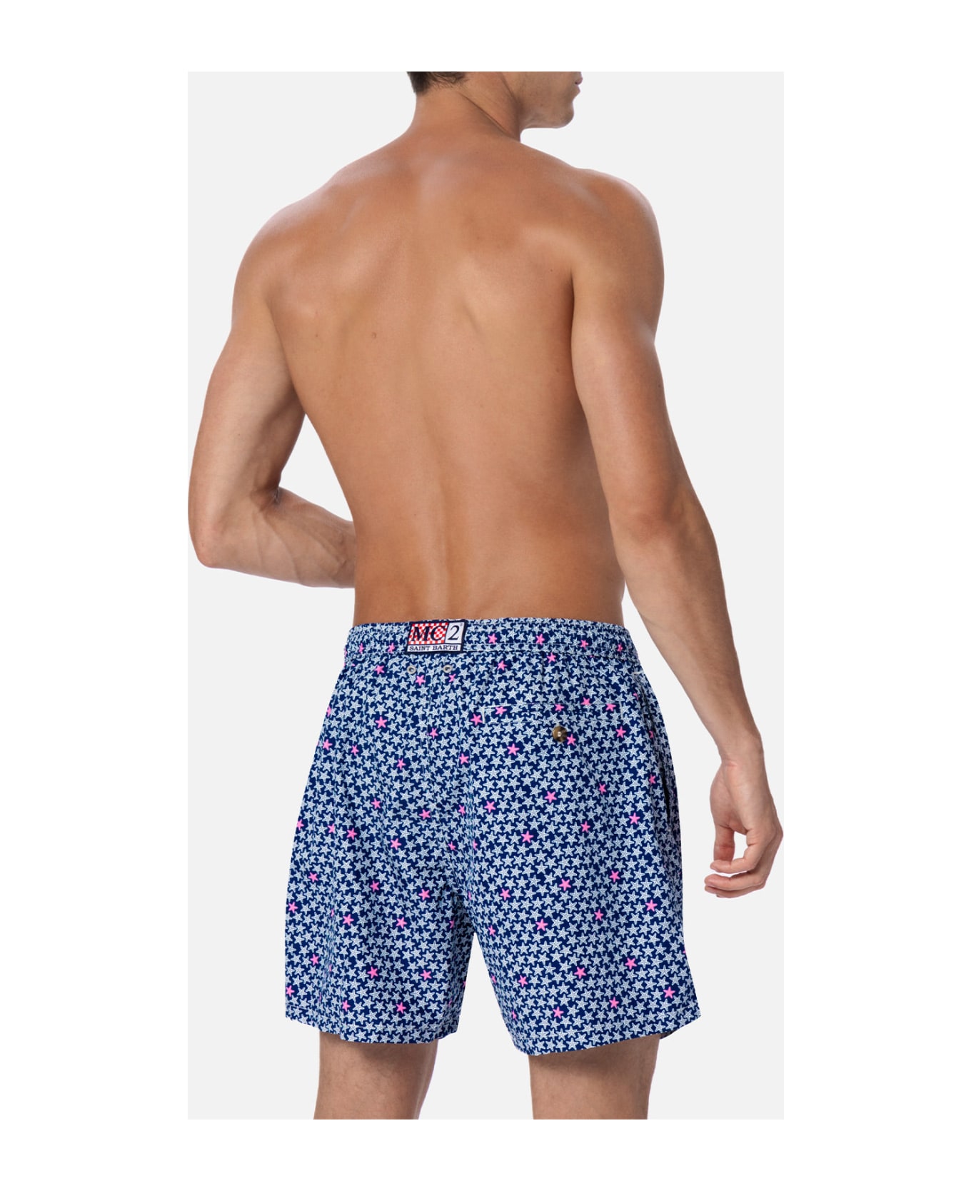 MC2 Saint Barth Man Lightweight Fabric Swim-shorts Lighting 70 With Starfishes Print - BLUE