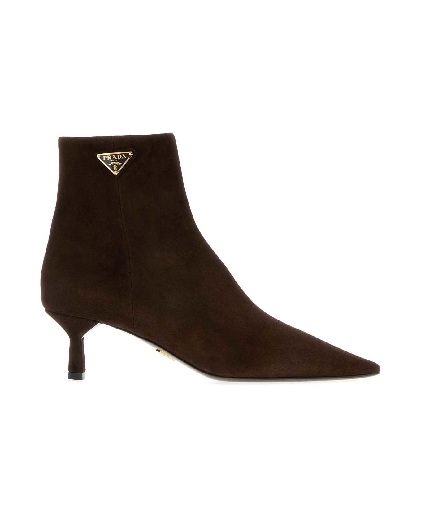 Prada Chocolate Suede Ankle Boots - MORO